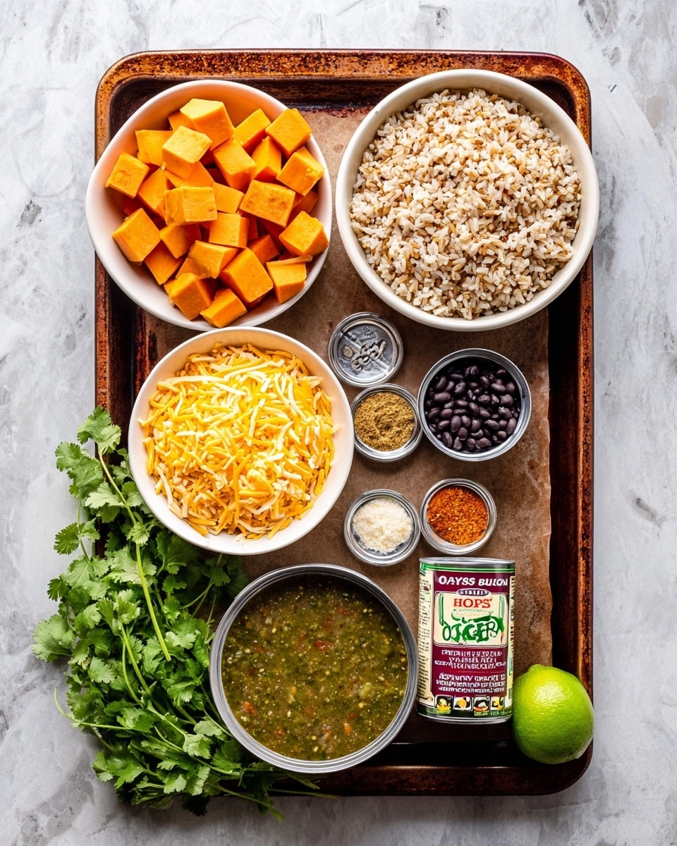 The image shows a brown baking tray holding several ingredients on a white marbled surface. On the tray, there are six white bowls: one with orange sweet potato cubes, one with cooked brown rice, one with green salsa, one with shredded yellow cheddar cheese, one with several spices in red, white, and brown shades grouped together, and two cans, one of organic black beans and the other of diced green chiles. There is also a bunch of fresh green cilantro at the bottom left and one whole lime near the bottom right. The overall arrangement is neat and colorful. photo taken with an iphone --ar 4:5 --v 7