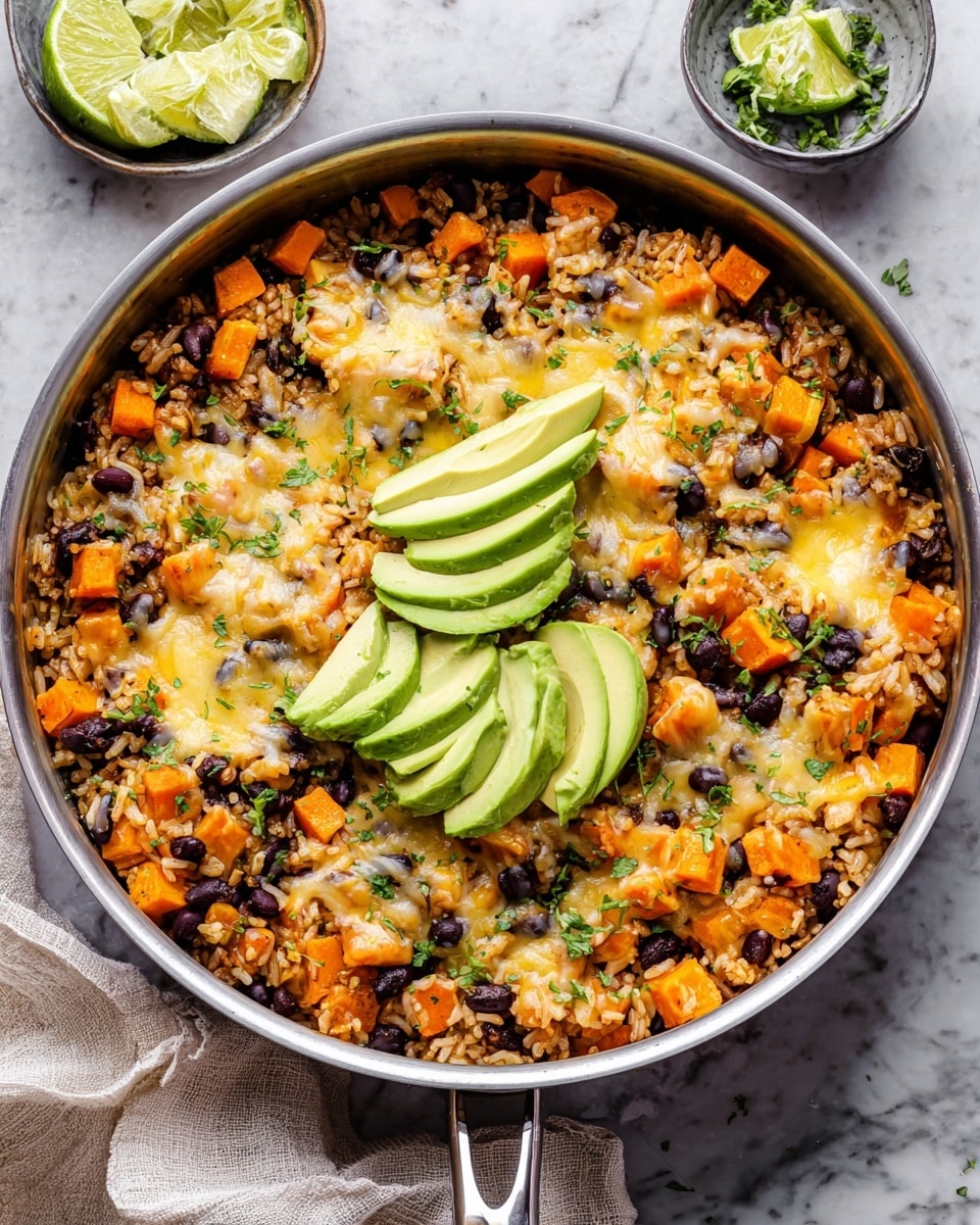A large silver pan holds a one-layer mix of cooked rice, bright orange sweet potato cubes, and black beans, all topped with melted light yellow and white cheese that is spread evenly. On top are three groups of avocado slices, each positioned toward the edge of the pan, showing a pale green color with smooth texture. Small bits of fresh green herbs are sprinkled over everything. The pan sits on a white marbled surface with a small bowl of lime wedges and a light-colored cloth nearby. Photo taken with an iphone --ar 4:5 --v 7