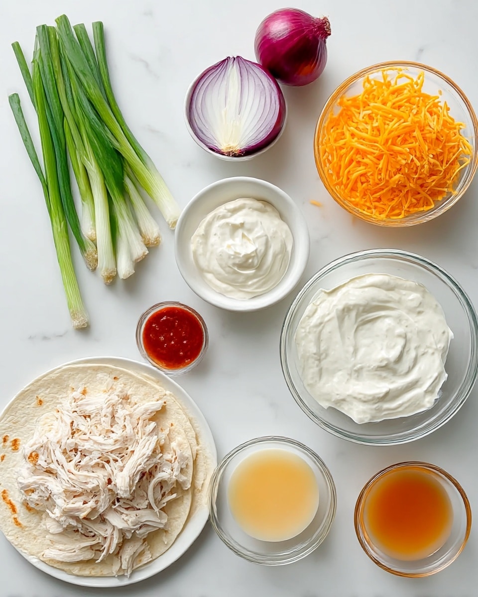 The image shows various ingredients laid out on a white marbled surface. There is a stack of green onions on the top left and a halved purple onion next to it. A small white bowl with a dollop of white creamy sauce is placed next to a pile of orange shredded cheese. Below that, there is a larger glass bowl filled with sour cream, and next to it, on a white plate, more shredded orange cheese. To the right, there is a small glass bowl with a red sauce, and below that, a small glass bowl containing a light orange liquid. On the bottom left, shredded white cooked chicken is on a white plate, and next to it stretched out is a single flour tortilla. photo taken with an iphone --ar 4:5 --v 7