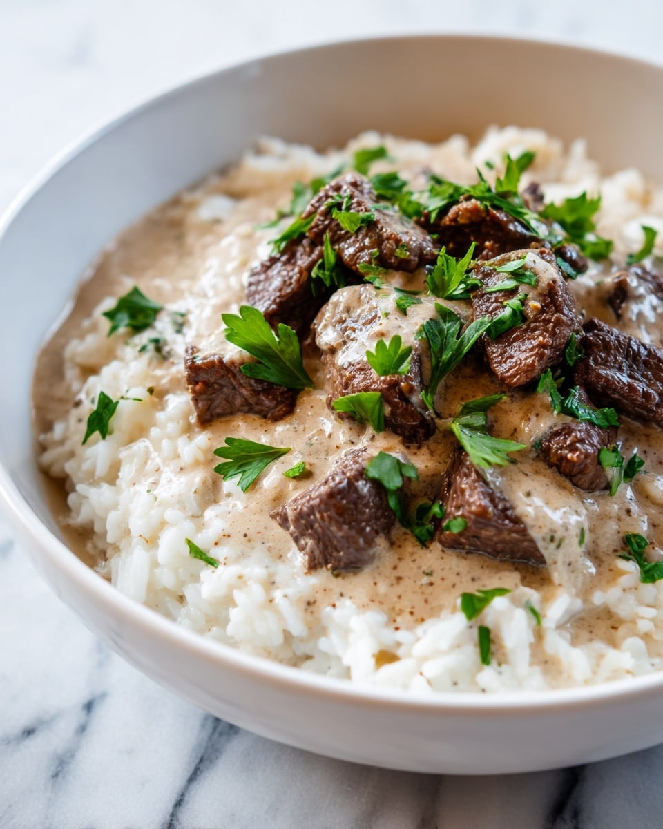 A close-up image of a dish with three layers: the bottom layer is white creamy rice with soft texture, the middle layer is thick light beige sauce spread evenly over the rice, and the top layer consists of dark brown cooked beef pieces scattered on top, all garnished with small bright green fresh parsley leaves. The food is in a white bowl on a white marbled surface. Photo taken with an iphone --ar 4:5 --v 7