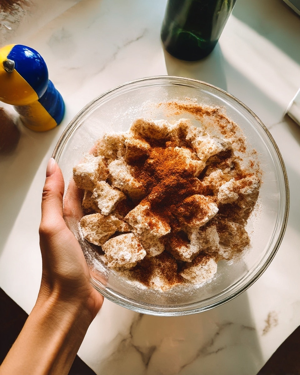 A clear glass bowl is held by a woman's hand from the left side, filled with rough pieces of light beige bread. The bread is dusted with white flour and topped with a generous sprinkle of reddish-brown spice powder. The bowl is held above a white marbled surface with a light reflection visible on the bowl’s edge. On the left side of the image, a small blue and yellow salt shaker and part of a dark green bottle are slightly blurred. The scene shows a close-up view with natural light creating soft shadows. photo taken with an iphone --ar 4:5 --v 7