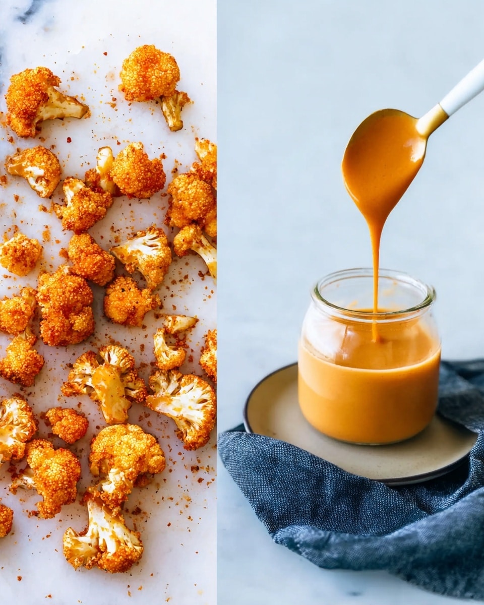 The image shows crispy, golden-brown cauliflower florets spread out on a white marbled surface, each piece coated evenly with a crunchy texture and seasoned visibly with spices; the florets vary in size and are scattered naturally across the surface. Next to it, there is a small clear glass jar filled with creamy, smooth orange sauce with a white and gold spoon dripping the sauce back into the jar, creating a rich and shiny texture; the jar sits on a white plate with a dark blue cloth casually placed beside it, all set on the same white marbled surface. photo taken with an iphone --ar 4:5 --v 7