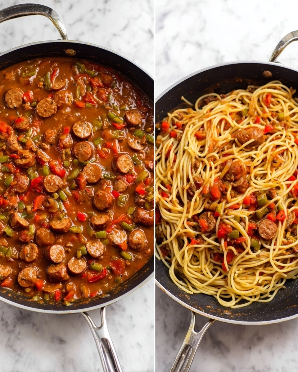 The image shows two pans with food on a white marbled surface. The first pan contains a thick sauce with many small round sausage slices mixed with diced red and green bell peppers in a rich brownish-red sauce. The second pan has spaghetti noodles mixed with the same sauce and sausage slices, showing a yellowish pasta color combined with red and green pepper bits and sausage. The pans are black with silver handles. Photo taken with an iphone --ar 4:5 --v 7