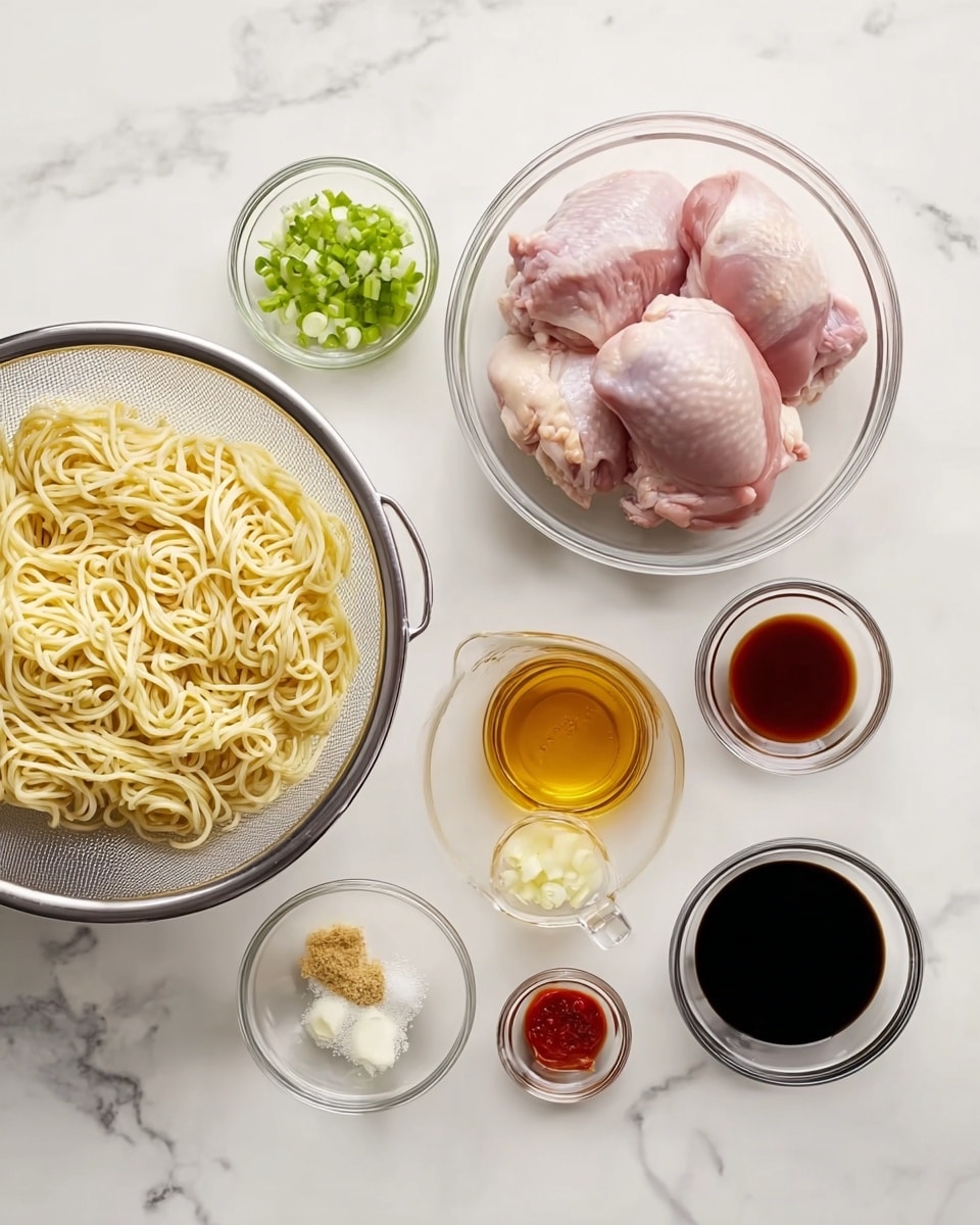The image shows various cooking ingredients arranged neatly on a white marbled surface. On the left, there is a round colander filled with light yellow noodles with a slightly curly texture. To the right, a clear glass bowl contains raw pink chicken thighs with smooth skin. Surrounding these main items are small clear bowls and measuring cups holding different ingredients: sliced green onions, finely minced garlic, a light brown liquid, a golden honey-like liquid, a white powder, minced ginger, a bright red sauce, a dark thick sauce, a dark soy sauce, and a smaller amount of light soy sauce, all arranged in a loose grid shape. The overall composition is clean and organized, with the white marbled background brightening the scene. photo taken with an iphone --ar 4:5 --v 7