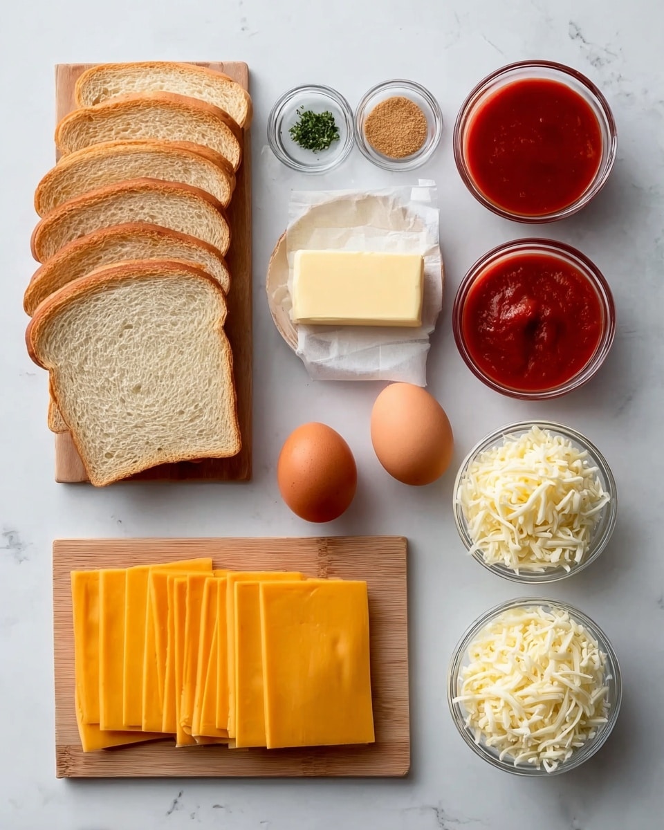 The image shows all the ingredients neatly placed on a white marbled surface. There are eight slices of light brown bread stacked overlapping on a small wooden board on the left. Next to the bread is a stick of yellow butter and a block of white cream cheese, both sitting on the same board. Two small glass bowls with green herbs and light brown powder are above the board. On the right side, there is a rectangular wooden board with eight slices of orange cheddar cheese stacked evenly. Above this board are two brown eggs and one red tomato. To the far right, there are three glass containers, one filled with thick red sauce, one with smoother lighter red sauce, and one white bowl with shredded white cheese. The arrangement is simple and organized, all on a clean white marbled surface. Photo taken with an iphone --ar 4:5 --v 7