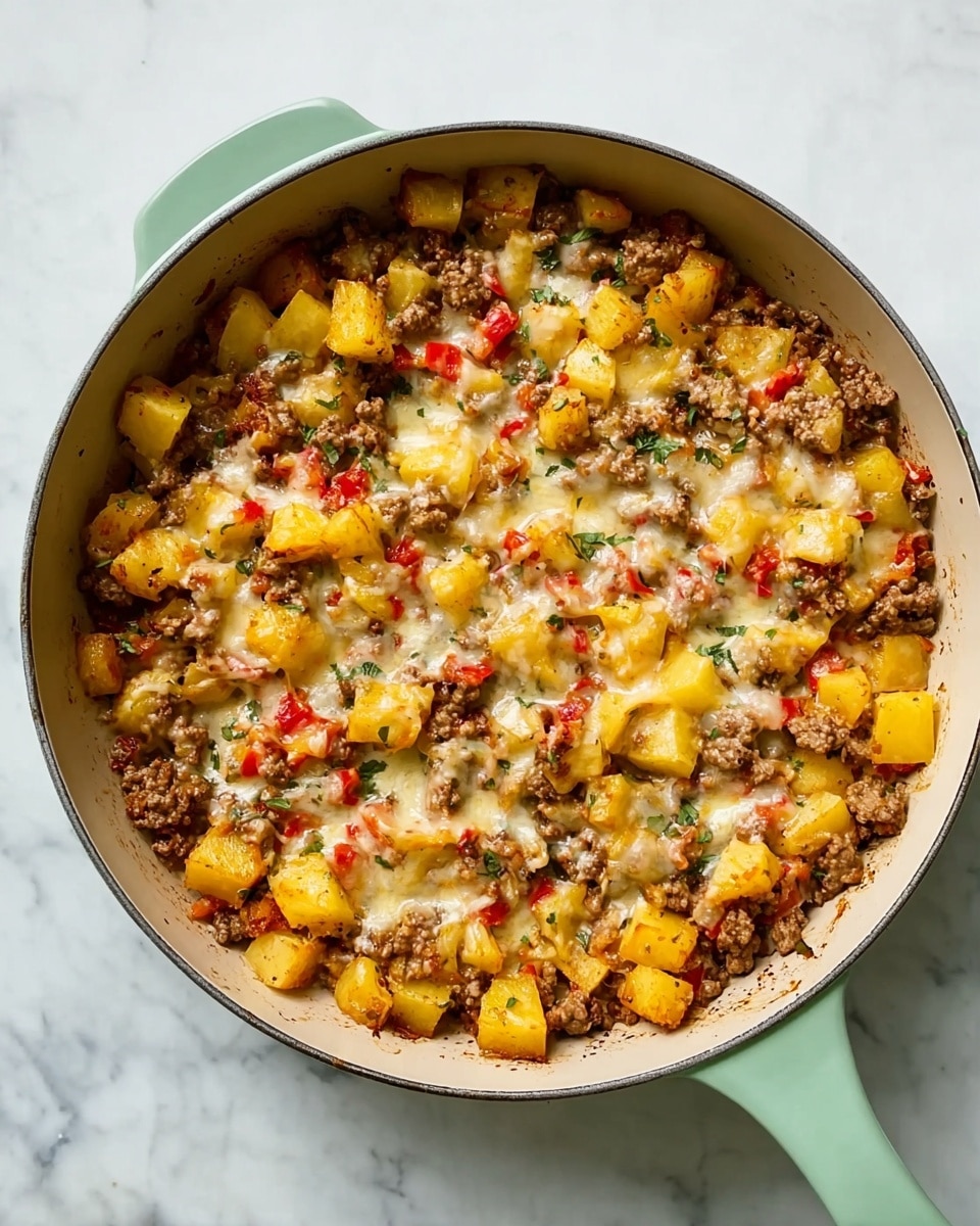 A round light green pan filled with a mix of browned ground meat, small yellow diced potatoes, and bits of red pepper scattered throughout. On top, melted yellow and white cheese is spread unevenly, adding a creamy texture that blends with the chunky ingredients underneath. The pan sits on a white marbled surface, and the food inside shows a mix of soft and tender textures with warm, cooked colors. photo taken with an iphone --ar 4:5 --v 7