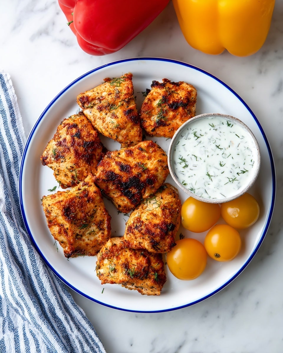 A white plate with a blue rim holds seven pieces of golden-brown grilled chicken, arranged in a loose circle. Near the top right side of the plate, a small round bowl filled with white creamy sauce with green herb flakes rests. On the right edge of the plate, three bright yellow cherry tomatoes are placed. The plate sits on a white marbled surface with a red bell pepper and two yellow tomatoes in the upper left corner. A blue and white striped cloth is draped slightly in the bottom left corner. photo taken with an iphone --ar 4:5 --v 7