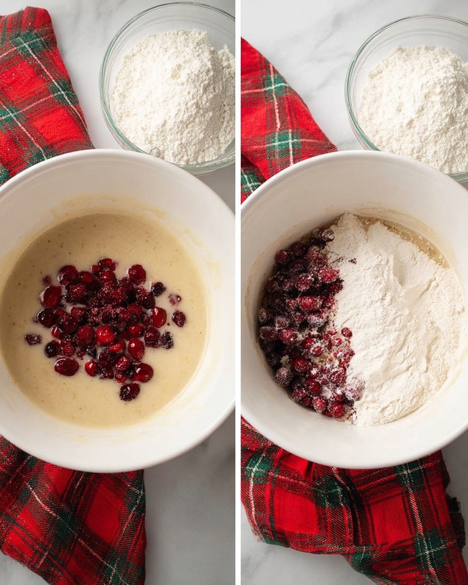 Two side-by-side images show a white mixing bowl on a white marbled surface with a red and green plaid cloth underneath. On the left, the bowl contains a creamy light beige batter with a layer of dark red and deep purple berries on top, resting in the center. On the right, the bowl has this same batter mixed with the berries, and a layer of white flour partially covering the mix on one side. A clear glass bowl filled with white flour is visible in the top left corner of the right image. Photo taken with an iphone --ar 4:5 --v 7