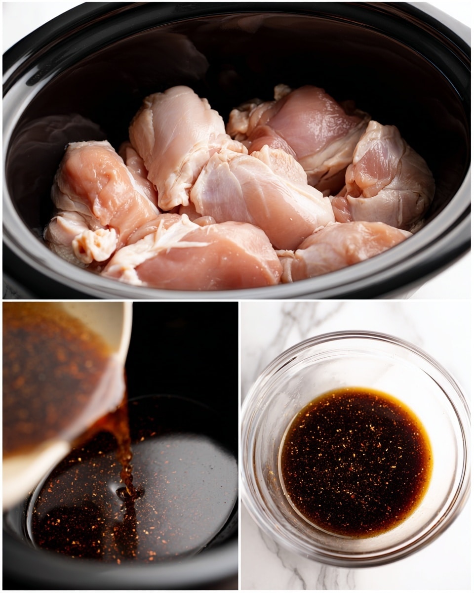 The image shows three photos of raw chicken thighs inside a black slow cooker. The chicken pieces are light pink with some white fat visible and are arranged in a single layer covering the bottom of the cooker. Next to this is a clear glass bowl with a dark brown sauce that has a shiny surface and some specks of seasoning floating in it. In the last photo, the dark sauce is being poured from a pot over the chicken, creating a shiny coat on the chicken's surface. The background is a white marbled texture. Photo taken with an iphone --ar 4:5 --v 7