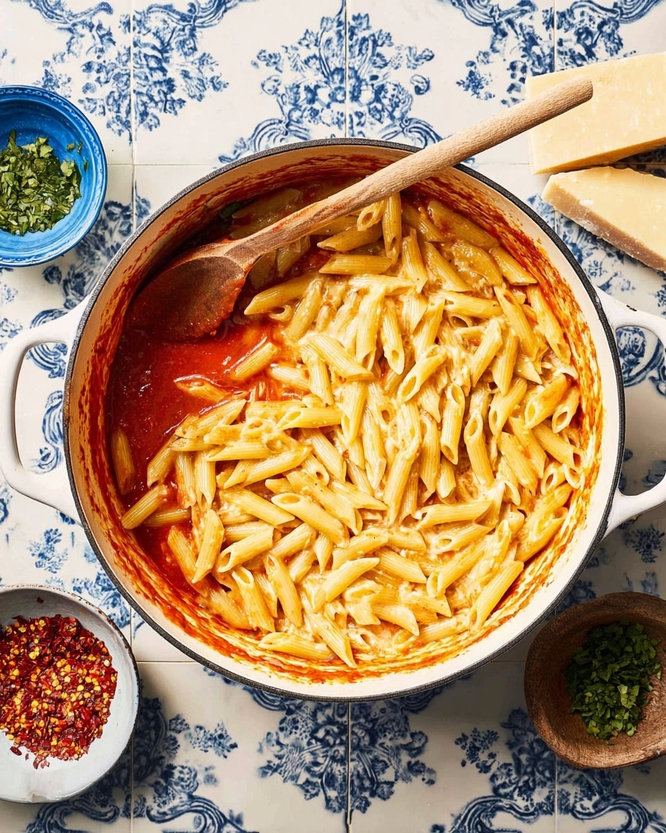 A large white pot filled with a layer of red tomato sauce at the bottom and a thick layer of light yellow penne pasta on top. The wooden spoon is resting on the pasta, partially submerged in the sauce underneath. Around the pot, there is a small white bowl with red chili flakes, a blue bowl with green herbs, and a small Parmesan block on a white marbled surface with blue floral patterns. photo taken with an iphone --ar 4:5 --v 7