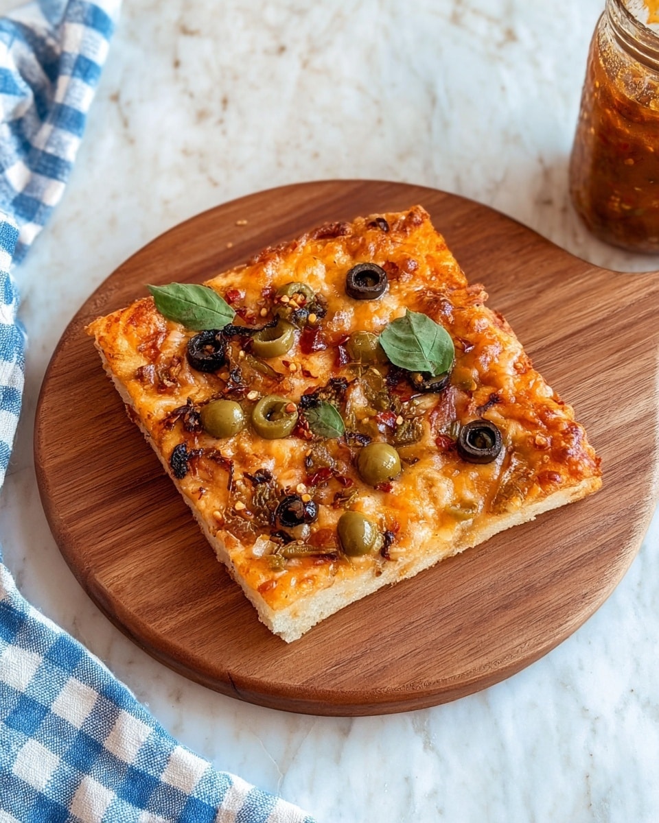 A square slice of pizza sits on a round wooden board, showing three main layers: a light golden-brown crust at the bottom, a melted orange cheese layer with some browned spots in the middle, and scattered toppings on top. The toppings include whole green olive slices, small dark greenish capers, some dark green fresh basil leaves, and small bits of red chili flakes. There is a slight bite mark on one side of the slice. The pizza board rests on a white marbled surface with a blue and white checkered cloth to one side and a jar with sauce visible in the corner. Photo taken with an iphone --ar 4:5 --v 7
