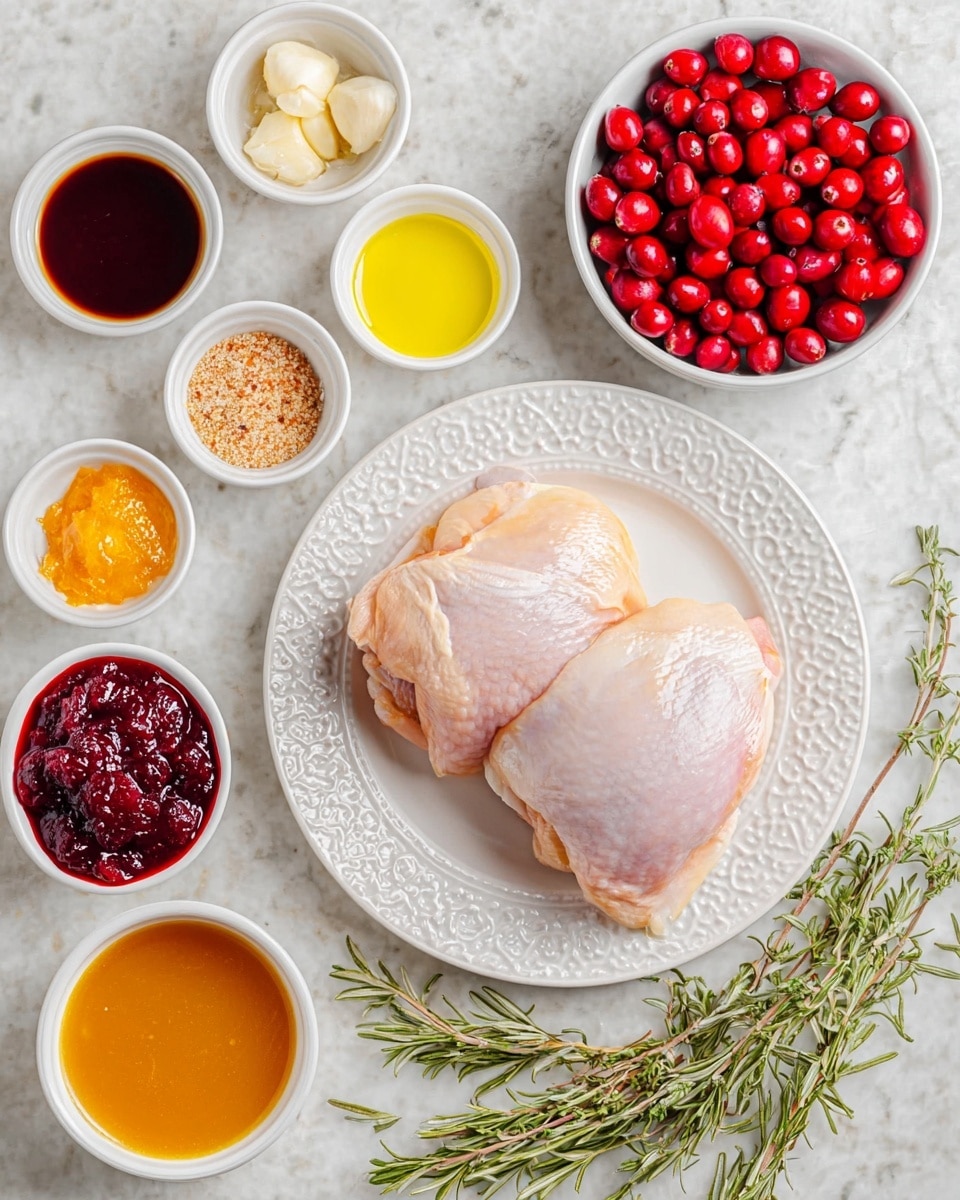 The image shows two raw chicken thighs with skin, placed on a white plate with a delicate embossed edge pattern, positioned at the lower center. Surrounding the plate are several small white bowls and ramekins containing different ingredients: bright red fresh cranberries in the top right, a glossy deep red cranberry sauce at the bottom left, finely chopped garlic, a bright orange sauce, and a small dollop of grainy mustard. There are also bowls with a yellow liquid, likely olive oil, a darker soy-like sauce, and grated orange zest. Fresh green rosemary sprigs are laid at the lower right corner. The whole setup is on a white marbled surface, creating a clean and fresh appearance. Photo taken with an iphone --ar 4:5 --v 7