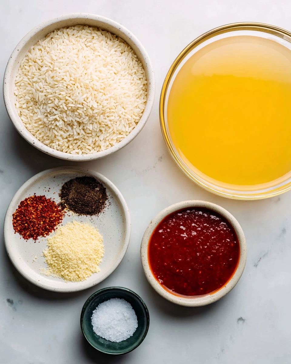The image shows five bowls on a white marbled surface, each holding different ingredients. The largest bowl at the bottom left is filled with uncooked white rice. Above it to the right is a large glass bowl containing yellow broth. To the right of the rice bowl is a small white bowl with thick red sauce. Above the rice and to the left of the broth is a medium white bowl with three sections holding dark brown spice, light yellow powder, and pale yellow granules. Below the sauce bowl is a tiny dark green bowl with white salt. photo taken with an iphone --ar 4:5 --v 7
