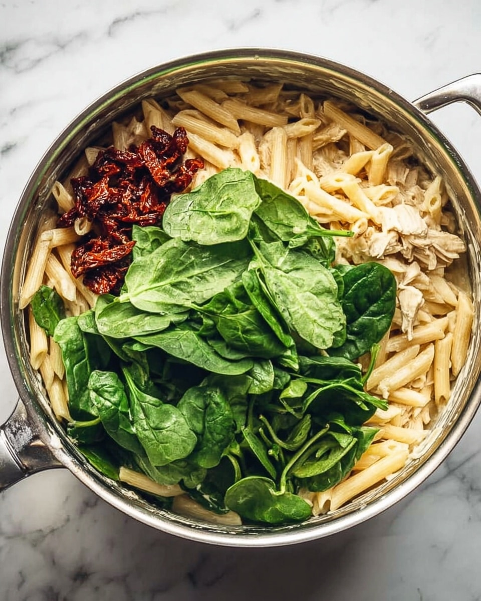A silver pot filled with creamy pasta at the bottom layer, light beige penne pasta mixed with small chunks of white chicken. On top of the pasta, there is a pile of dark green fresh spinach leaves covering about half the pot, and next to the spinach, a small pile of diced sun-dried tomatoes with a dark red color. The pot is placed on a white marbled surface. Photo taken with an iphone --ar 4:5 --v 7