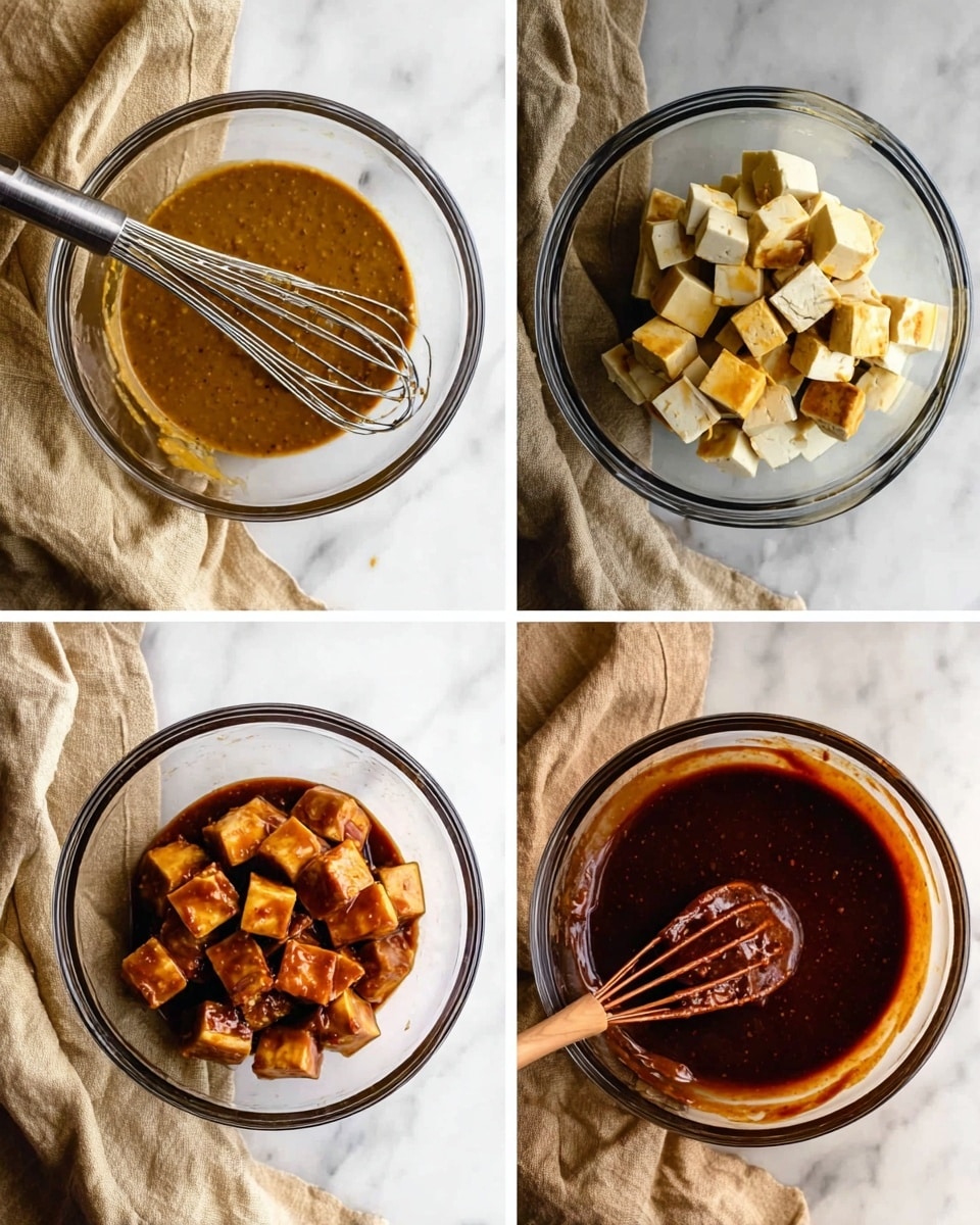 A clear glass bowl sits on a white marbled surface with a light beige cloth nearby. In the first image, the bowl holds separate layers of brown sauce, yellow mustard, and beige peanut butter with a metal whisk inside. The second image shows the sauce mixed into a smooth, dark reddish-brown liquid with the whisk resting in it. The third image adds pale yellow tofu cubes on top, partially soaking in the sauce. In the last image, the tofu cubes are completely coated in the thick reddish-brown sauce, with a wooden spoon lifting some cubes. photo taken with an iphone --ar 4:5 --v 7