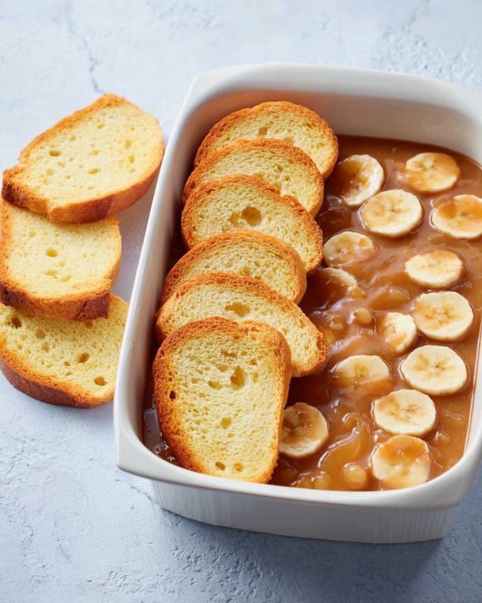 A white rectangular dish is filled halfway on the left side with six slices of golden brown bread, showing a soft and spongy texture with light yellow interiors and a slightly darker crust. The right half of the dish contains a thick brown sauce with many light beige round slices of banana floating evenly in it, giving a creamy yet chunky appearance. Beside the dish, there is a small stack of extra bread slices leaning against the side on a white marbled textured surface. The scene is bright and clear, showing all details sharply. photo taken with an iphone --ar 4:5 --v 7