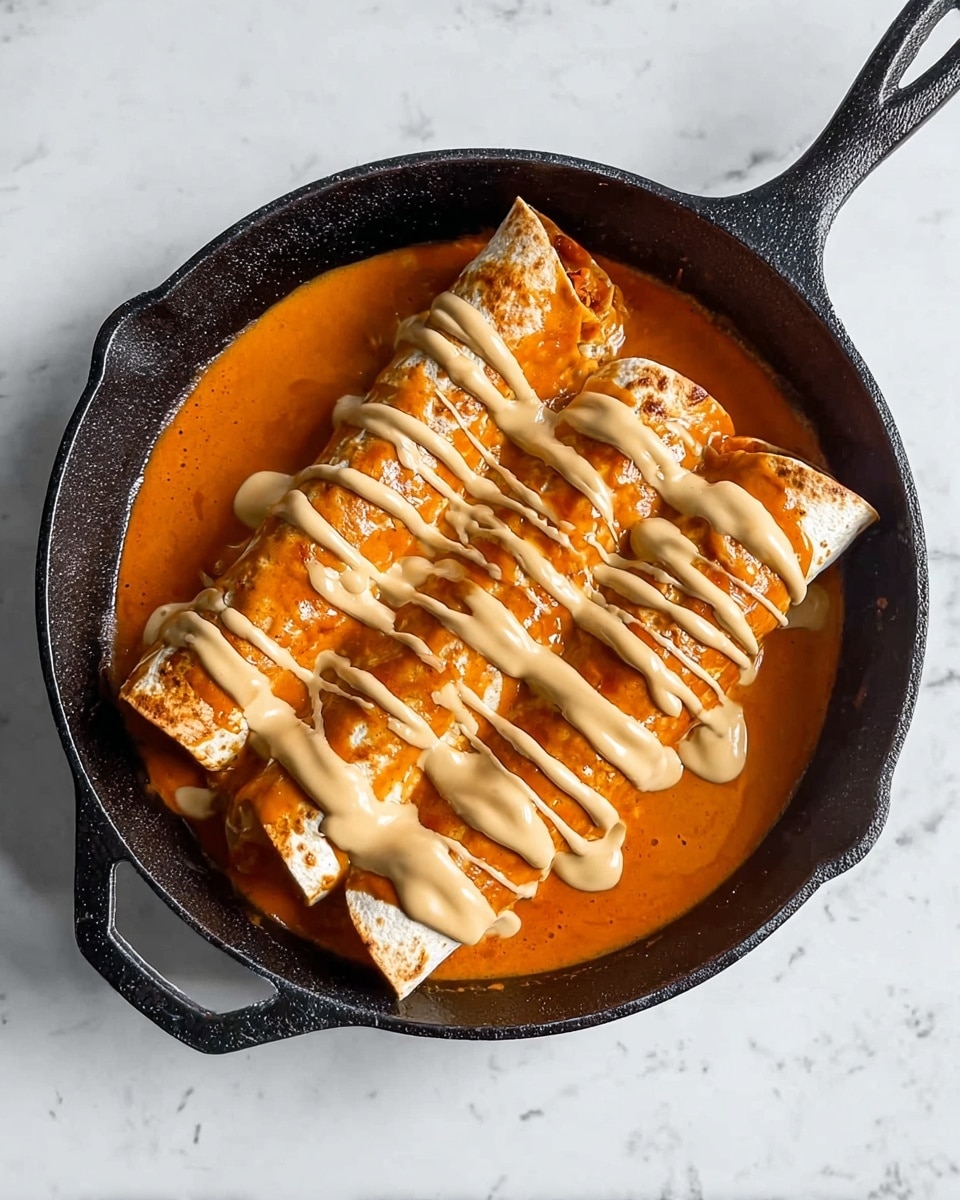 A black cast iron pan holds a dish with three rolled tortillas placed side by side, covered in a thick orange sauce that fills the bottom of the pan. On top, there is a generous layer of a creamy beige sauce drizzled evenly across all the tortillas. The pan sits on a white marbled surface. photo taken with an iphone --ar 4:5 --v 7