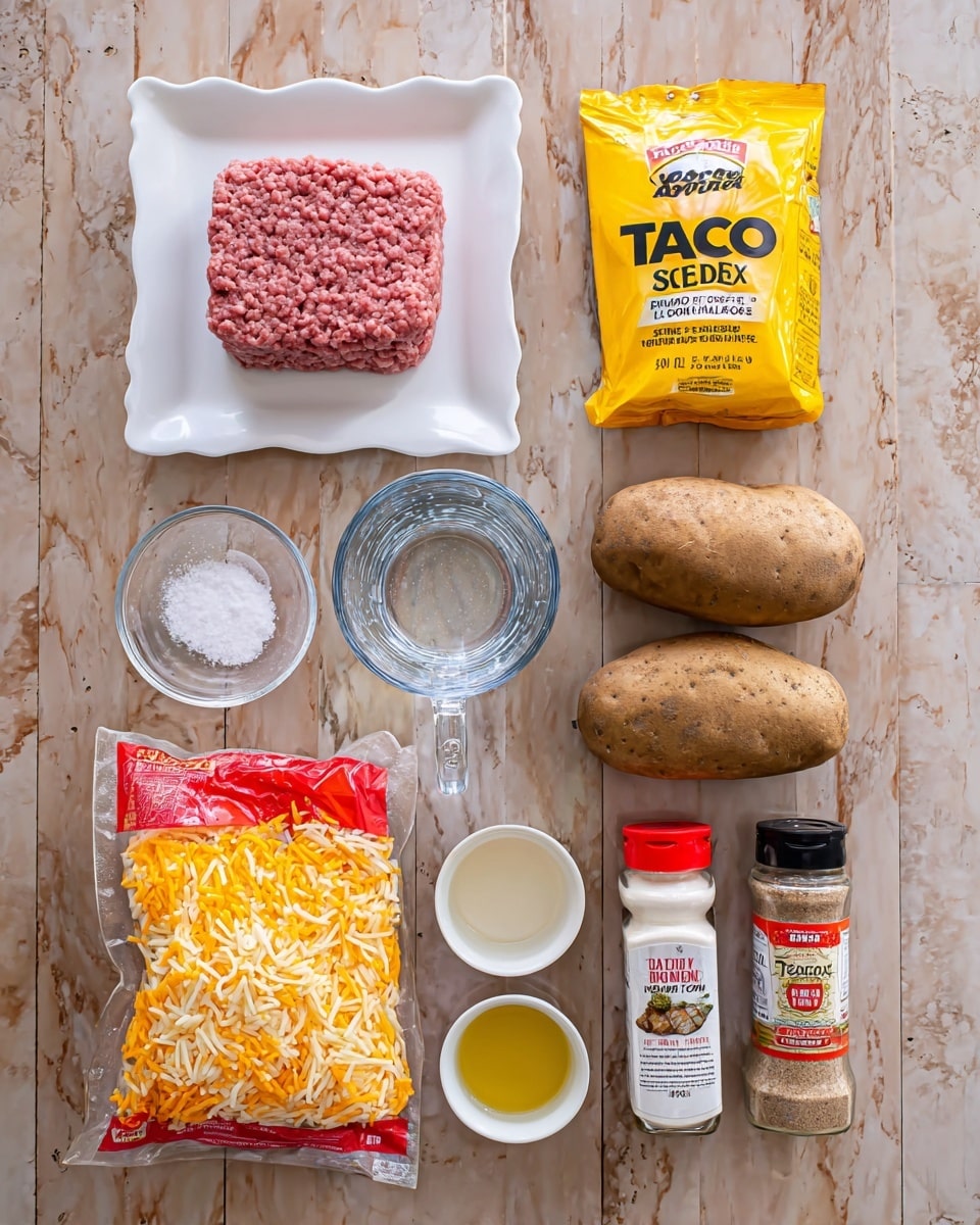 The image shows a neat arrangement of ingredients on a white marbled surface for a taco dish. On the top left, there is a white scalloped rectangular plate holding a pink raw ground meat block with visible textures. Next to it on the right is a bright yellow packet labeled