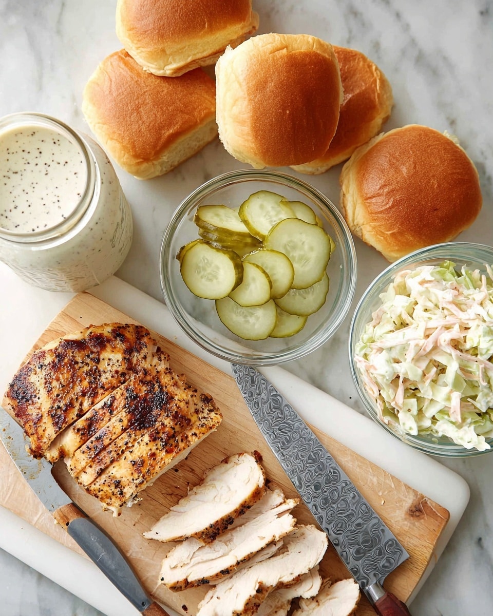The image shows a grilled chicken sandwich kit laid out on a white marbled surface. On a white cutting board at the bottom right, there is a sliced piece of grilled chicken with a golden-brown, pepper-speckled crust arranged in neat pieces. Next to the chicken is a sharp knife with a patterned blade. Above this are four toasted sandwich rolls with warm golden-brown tops, arranged in a loose cluster. To the right of the rolls, there are two clear glass bowls—one filled with light green pickle slices and the other with creamy coleslaw, mostly white and pale green with small bits of carrot. Behind the bowls is a jar of thick, white creamy sauce with black pepper flecks. photo taken with an iphone --ar 4:5 --v 7