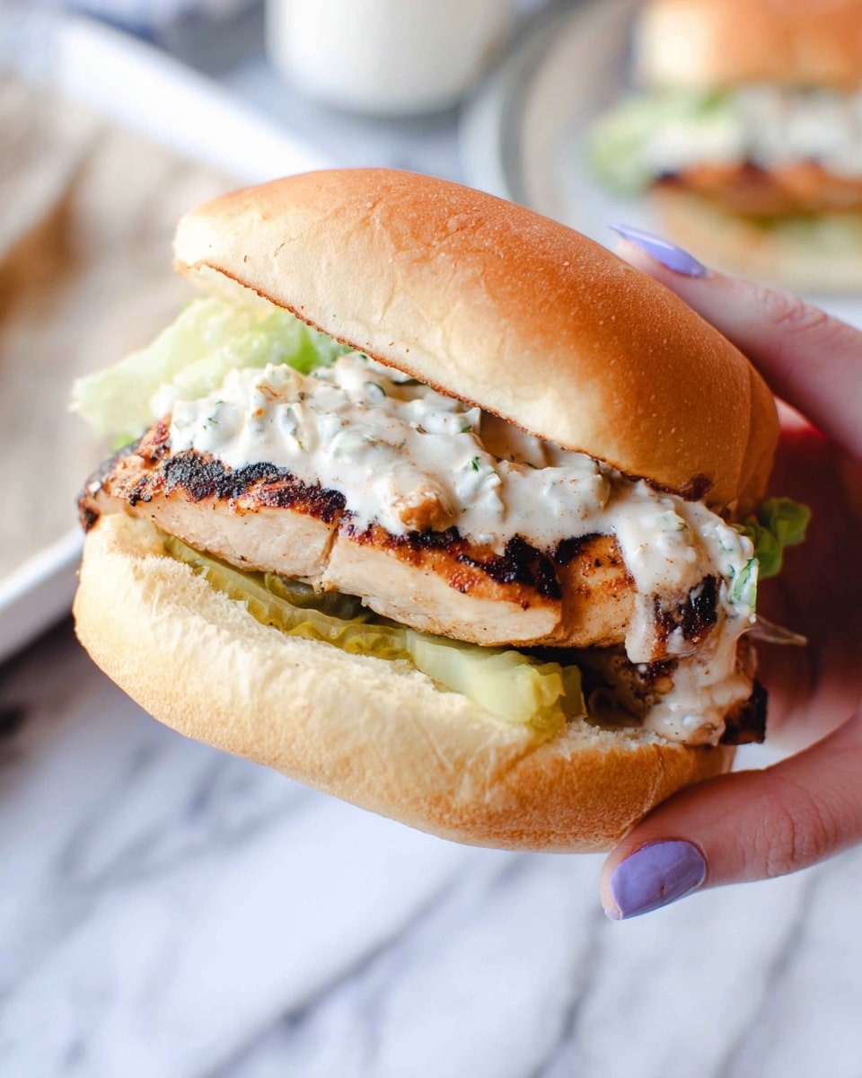 A close-up view of a sandwich held by a woman's hand with light purple nail polish, showing three main visible layers: a soft, golden-brown bun on the top and bottom, a thick piece of grilled chicken with char marks in the middle, and a creamy white sauce with herbs and small chunks spread over the chicken. There is also a light green pickle or lettuce piece under the sauce, adding some texture. The background shows a white marbled surface with a blurry plate holding another sandwich. Photo taken with an iphone --ar 4:5 --v 7