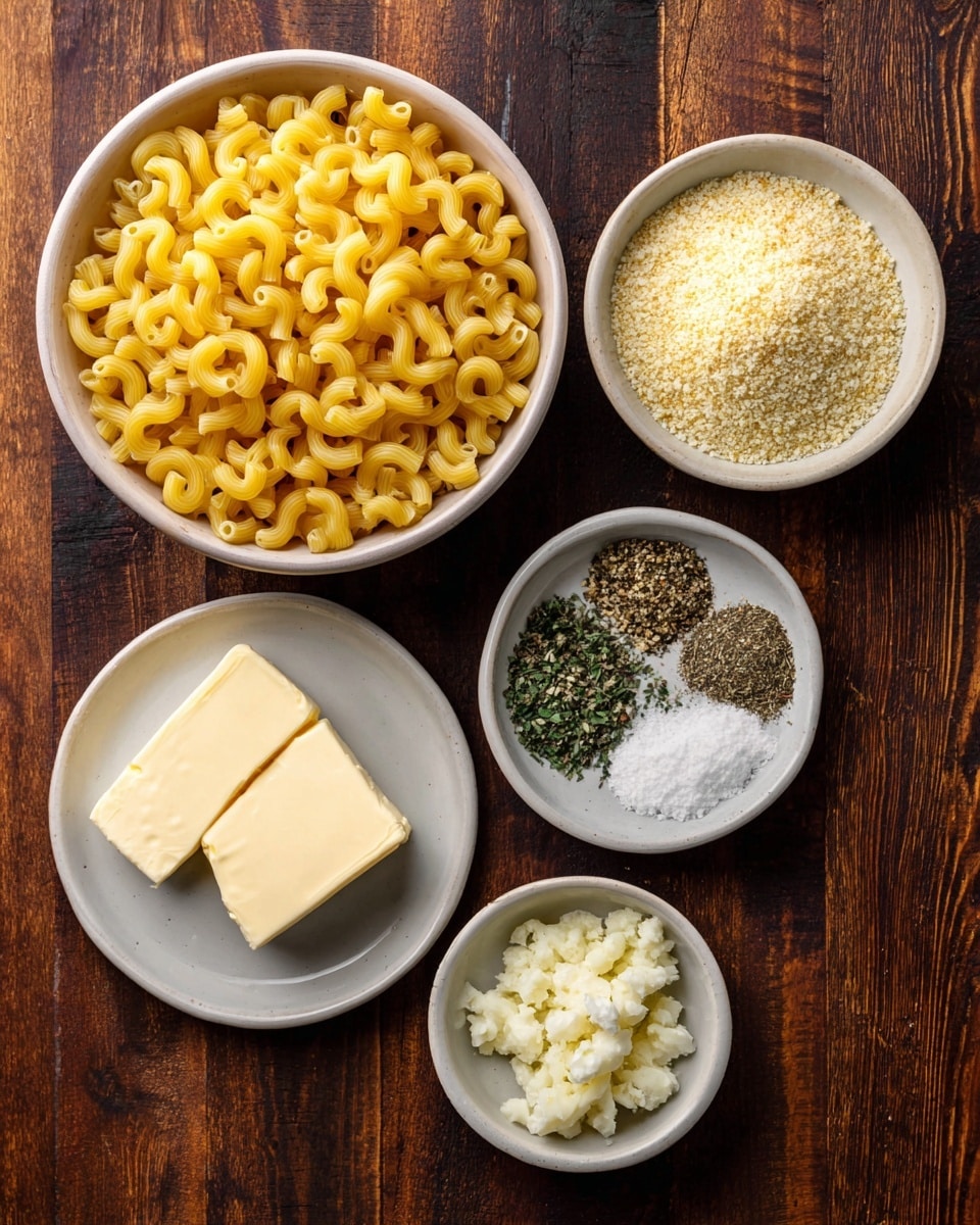 A top view of five white bowls and plates on a dark wooden surface, each holding an ingredient. The largest bowl at the top left contains bright yellow cavatappi pasta with a curly shape. To the right, a medium-sized bowl is filled with fine, pale yellow breadcrumbs. Below it, a small bowl shows a mix of dried green herbs, black pepper, and white salt. At the bottom right, a tiny bowl holds finely minced garlic in a creamy white color. On the bottom left, a white plate has two pieces of light yellow butter, one long block and one small chunk, with smooth textures. photo taken with an iphone --ar 4:5 --v 7