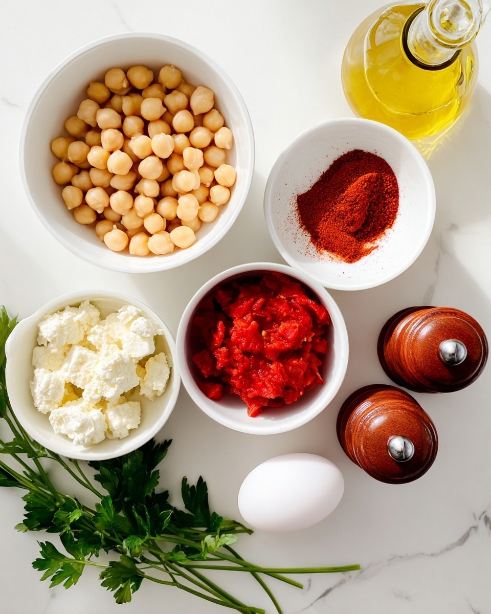 The image shows six main items placed on a white marbled surface. In the center is a white bowl filled with light beige chickpeas that have a smooth, round texture. To the right of the chickpeas is a white bowl with bright red paprika powder, finely ground and slightly scattered. Below the paprika is a white bowl holding vibrant red chopped tomatoes with a slightly chunky texture. Below the chickpeas and to the left is another white bowl containing soft, crumbly white cheese. To the right of the cheese and below the paprika is a white egg inside a white egg cup. Around these bowls, there is a sprig of fresh green parsley, a glass jar with light yellow oil, and two wooden salt and pepper shakers with a reddish-brown finish. The arrangement is neat and clean, and the lighting is bright and natural. Photo taken with an iphone --ar 4:5 --v 7