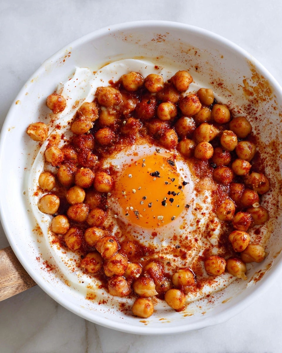 In a white bowl on a white marbled surface, there is a dish with three main layers: the bottom layer is a white creamy sauce spread irregularly, the middle layer consists of round, light brown chickpeas coated unevenly with a reddish sauce, and on top, a bright orange egg yolk sits in the center, sprinkled with black pepper. The chickpeas and reddish sauce are scattered around the yolk, with some sauce stains visible on the bowl's sides. Photo taken with an iphone --ar 4:5 --v 7
