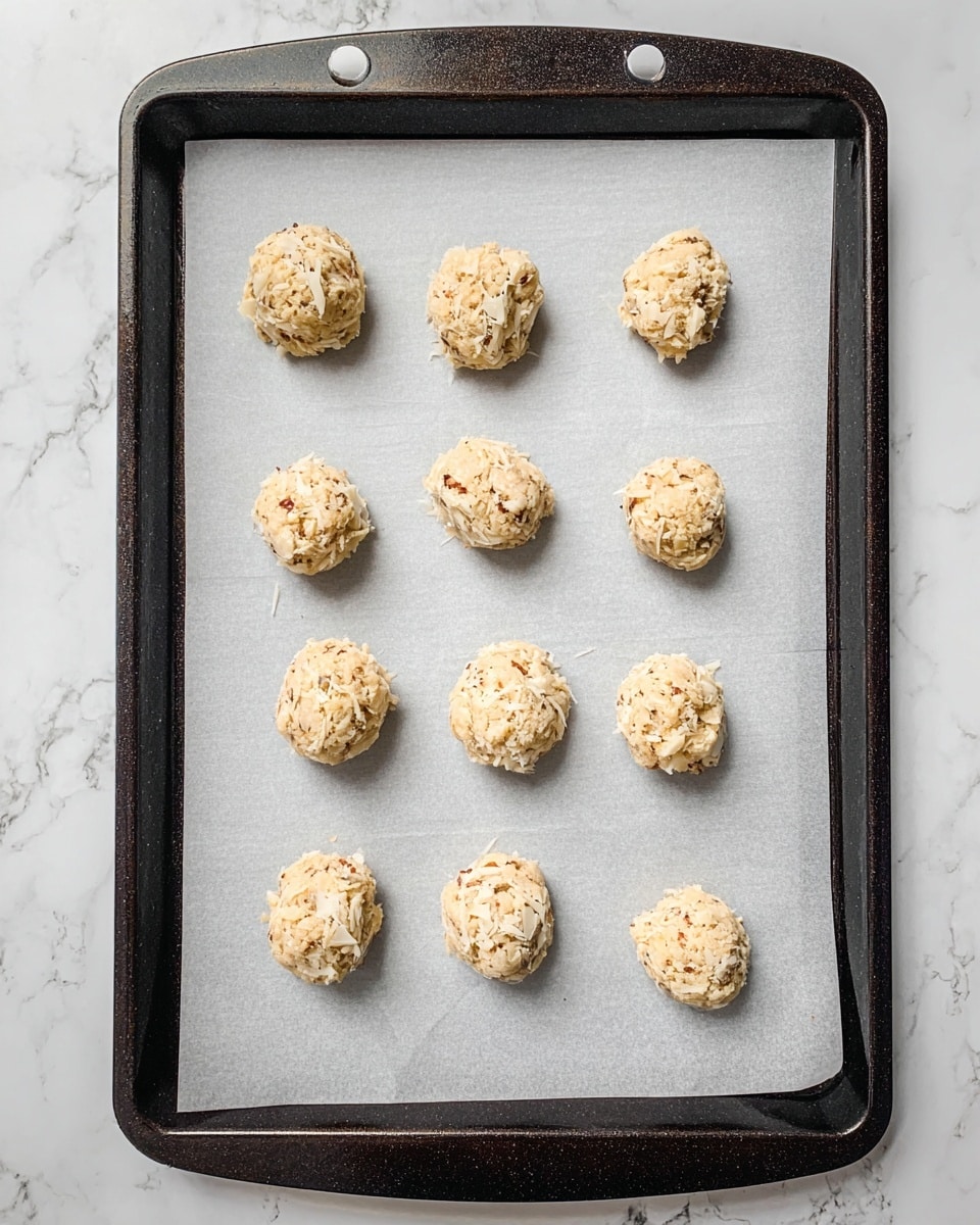 A dark baking tray covered with white parchment paper holds ten small, round balls of dough arranged in two neat columns of five. Each dough ball is pale beige with visible small white pieces, possibly cheese, and specks of black seasoning sprinkled throughout. The balls have a rough, slightly chunky texture, with some small bits sticking out. The tray is set on a white marbled surface. photo taken with an iphone --ar 4:5 --v 7