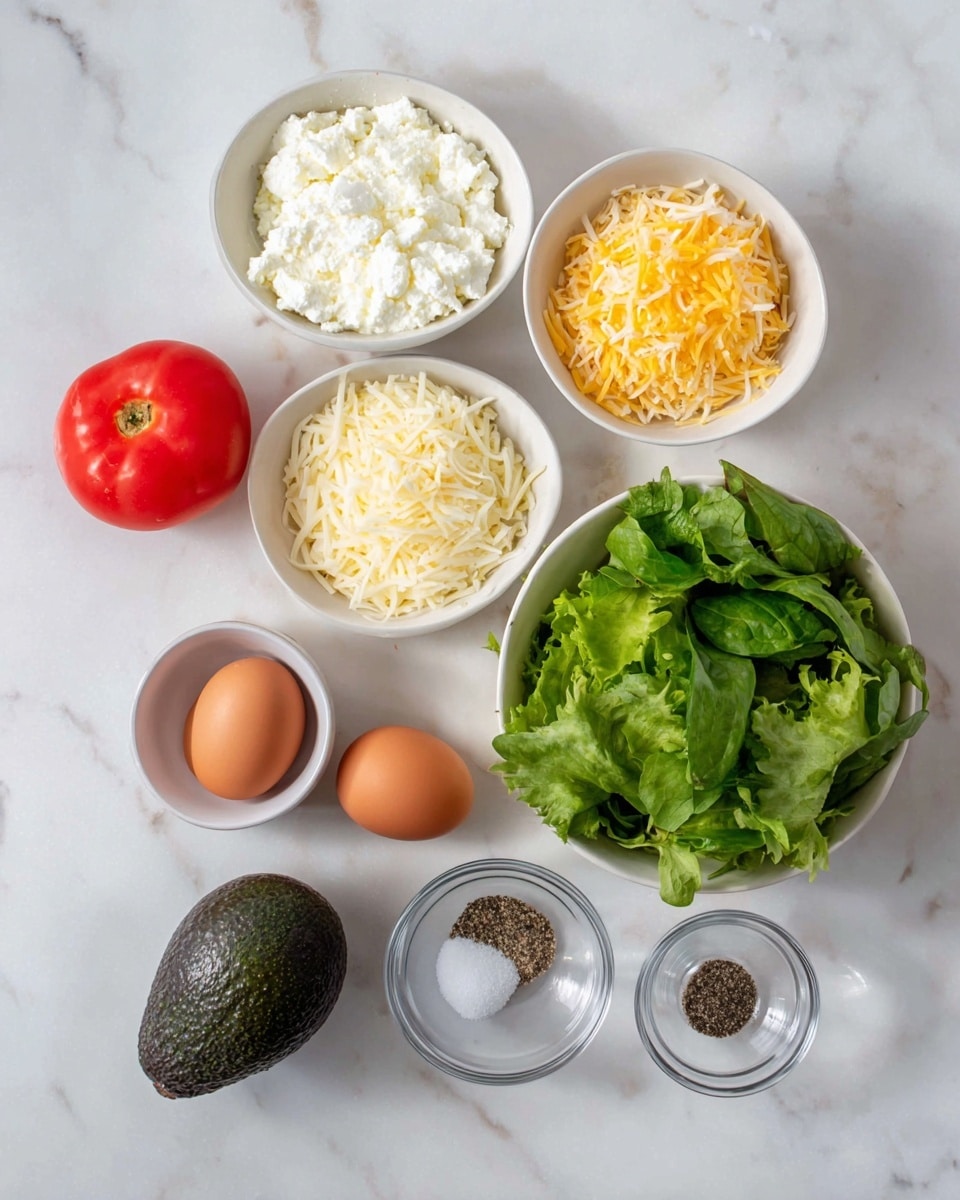 The image shows ingredients arranged on a white marbled surface. On the top left, there is a white bowl filled with white cottage cheese, and next to it, two bright red tomatoes sit side by side. Below the cottage cheese, there is a white bowl with shredded yellow and white cheese. To the right, a larger white bowl is full of fresh green mixed salad leaves. Near the bottom, three small clear glass bowls hold black pepper, garlic powder, and salt. In the bottom center, two brown eggs rest in a small white bowl, and next to it on the left, a whole dark green avocado is placed. The ingredients are neatly organized in a clean, bright setting. photo taken with an iphone --ar 4:5 --v 7
