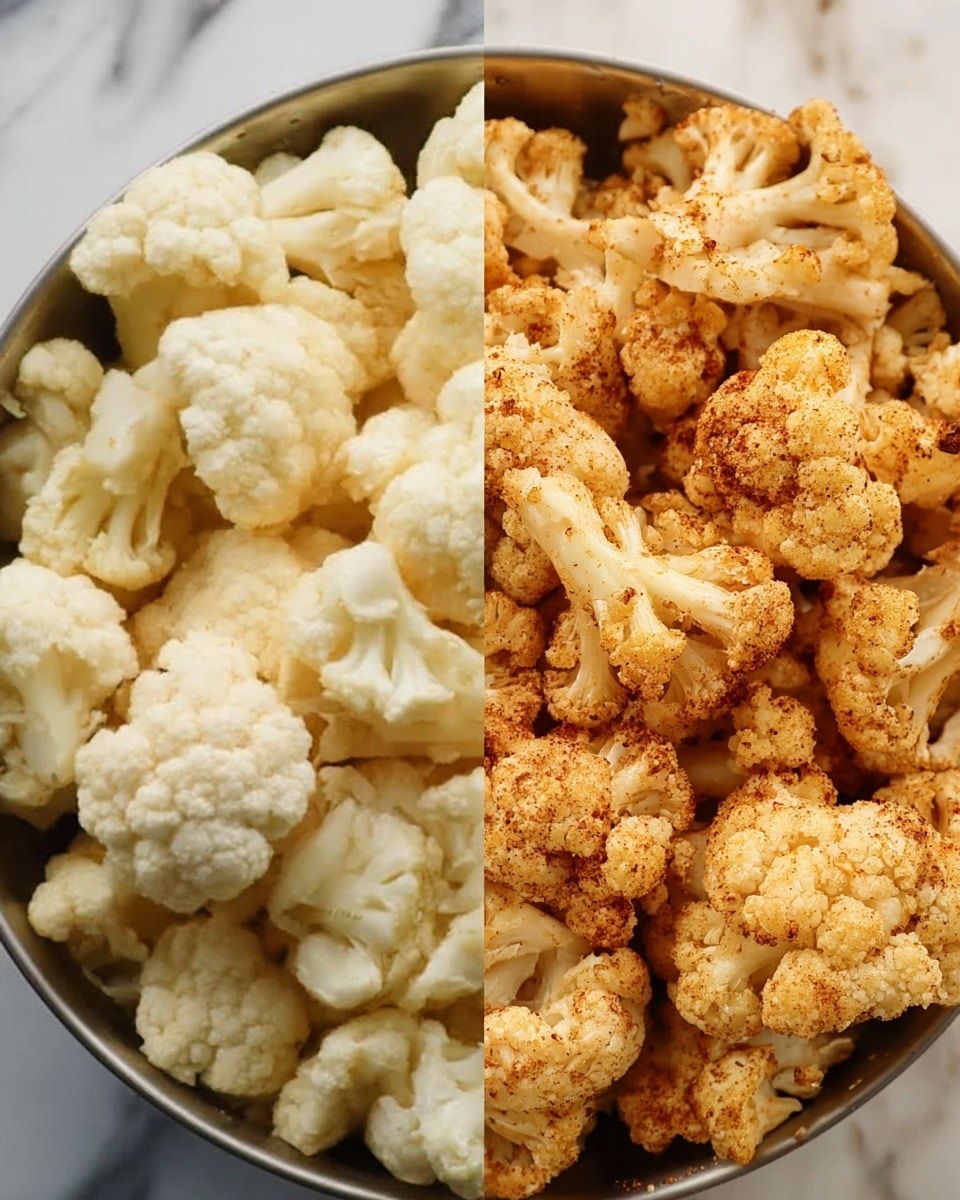 The image shows two close-up sections side by side, each filled with cauliflower florets. On the left side, the white cauliflower pieces look fresh and plain, filling a metal bowl. On the right side, the cauliflower pieces have a light brown color from spices sprinkled on top, giving a textured, seasoned look. The florets on both sides have a rough, bumpy texture with small stems attached. The background surface under both bowls is white with a marbled pattern. photo taken with an iphone --ar 4:5 --v 7