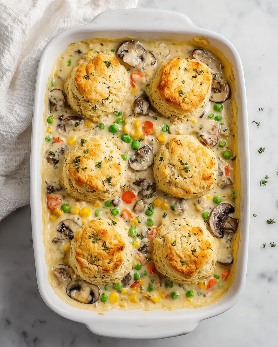 A white baking dish filled with six baked round biscuit tops that are golden and slightly crispy on top, sitting on a creamy, thick sauce with visible green peas, yellow corn, small orange carrot pieces, and sliced mushrooms. The sauce is pale yellow with a smooth texture, and the vegetables add small bright pops of color. The dish is placed on a white marbled surface with a soft white cloth to the side. Photo taken with an iphone --ar 4:5 --v 7