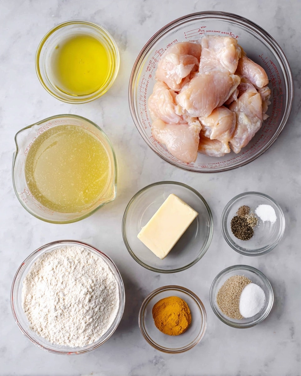 The image shows several clear glass bowls and a clear glass measuring cup arranged on a white marbled surface. At the top center is a medium-sized bowl filled with raw light pink chicken pieces. Below it to the left is a small bowl with a pale yellow liquid, likely oil. To the left bottom is a larger measuring cup filled with a pale yellow broth. Below the chicken bowl is a small bowl with a stick of pale yellow butter. To the right of the butter are two small bowls, one containing white salt and black pepper, and the other containing a mix of light brown and white powders, likely garlic and onion powder. Below those is another small bowl with a bright orange-yellow paste, possibly mustard. Lastly, at the bottom left is a medium-sized bowl filled with white flour. photo taken with an iphone --ar 4:5 --v 7