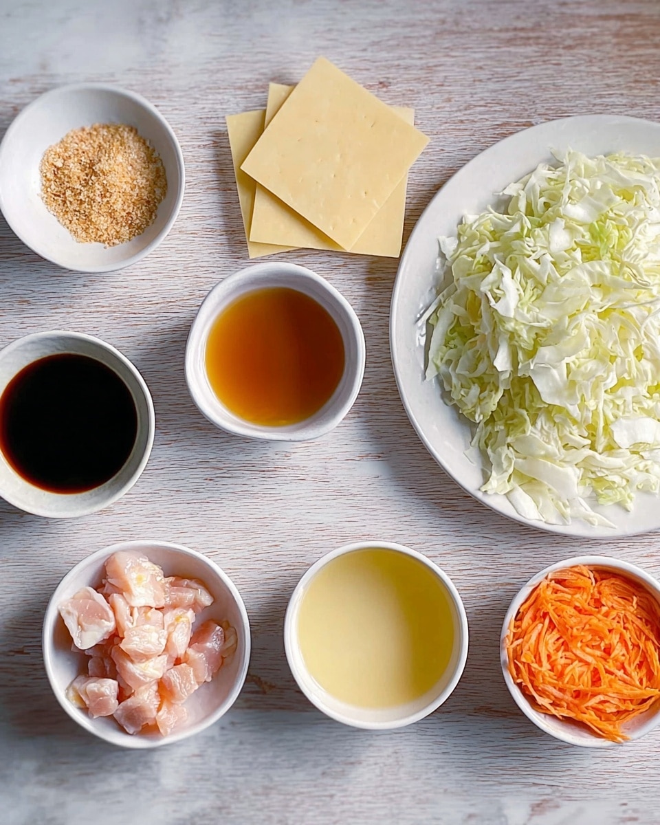 A top view shows six small white bowls and a white plate arranged on a white marbled surface. The white plate, placed on the right side, is full of shredded light green cabbage. To the left on three bowls are different liquids – a small bowl with brown granules, a small bowl with dark brown sauce, and a small bowl with amber liquid. Above the plate are three square sheets of thin, light yellow dough. A medium-sized white bowl on the left holds small pieces of raw, light pink meat. On the right, two small white bowls contain orange shredded carrots and pale yellow liquid. The colors are soft and natural, and the textures range from smooth liquids to shredded vegetables. photo taken with an iphone --ar 4:5 --v 7