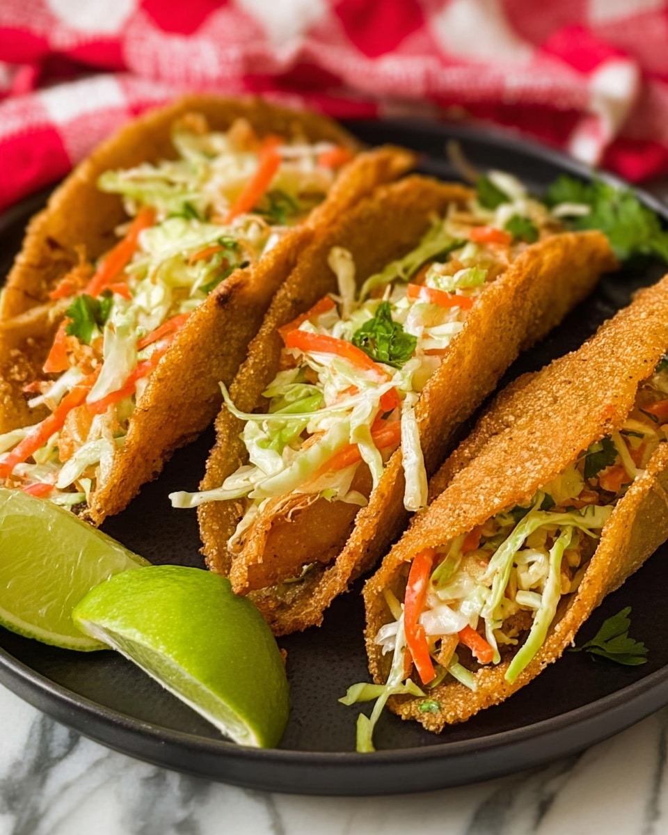 A black round white plate holds three crispy golden brown taco shells, each filled with a mix of shredded light green cabbage and orange carrot strips, with a small sprig of green herb on top of the middle taco. A wedge of bright green lime sits next to the tacos on the plate. The plate rests on a white marbled surface with a red and white checkered cloth partially visible in the background. Photo taken with an iphone --ar 4:5 --v 7