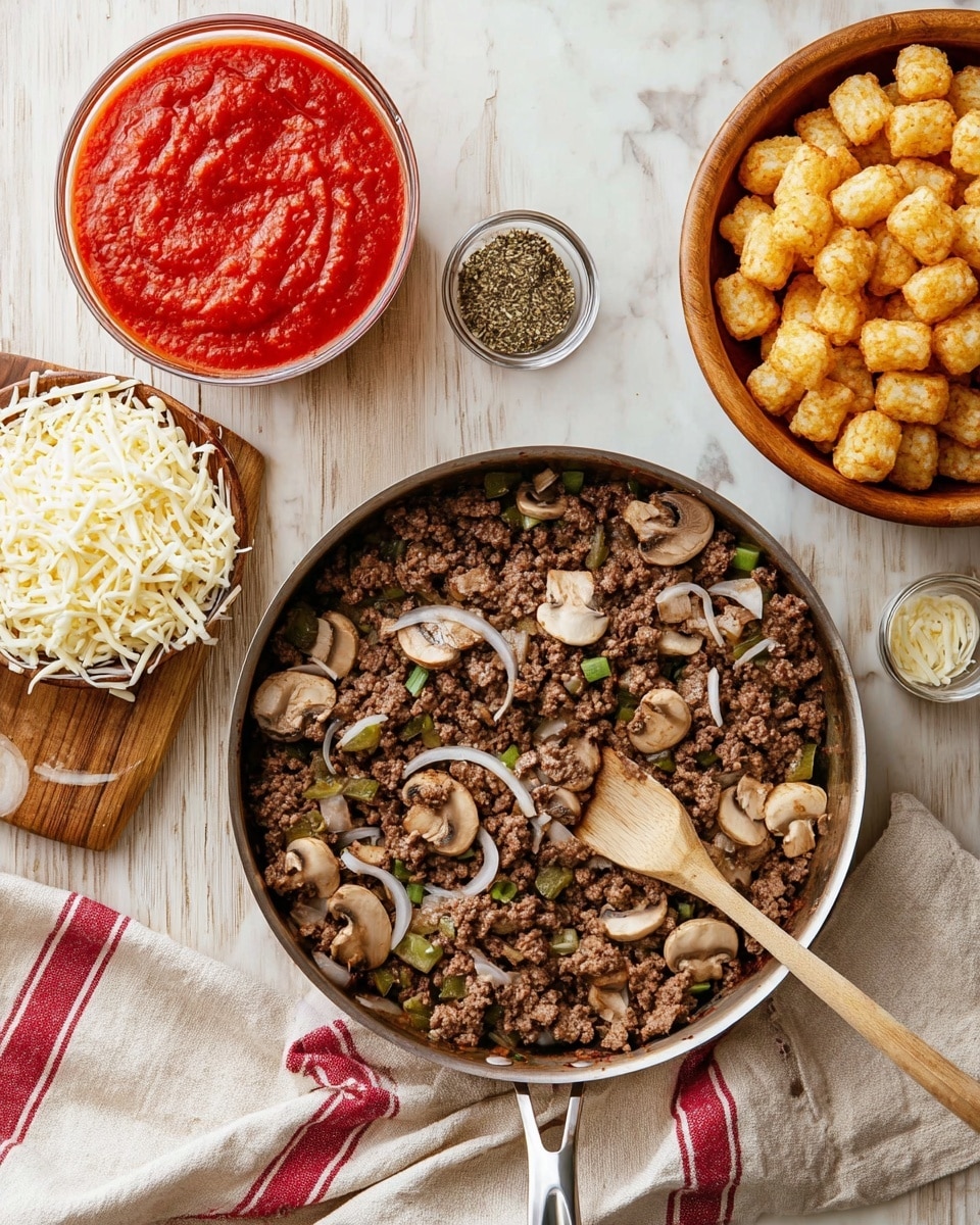 A round stainless steel pan filled with cooked ground beef mixed with sliced mushrooms, small green pepper pieces, and diced white onions, with a wooden spoon resting inside the pan on the right side. To the left of the pan, a wooden board holds three small bowls: one with bright red tomato sauce, another with dried Italian herbs, and the last with shredded white cheese. On the right side beside the pan, there is a wooden bowl filled with small, golden tater tots. A cream-colored cloth with red stripes lies underneath the pan and bowl. The whole scene is set on a white marbled surface photo taken with an iphone --ar 4:5 --v 7