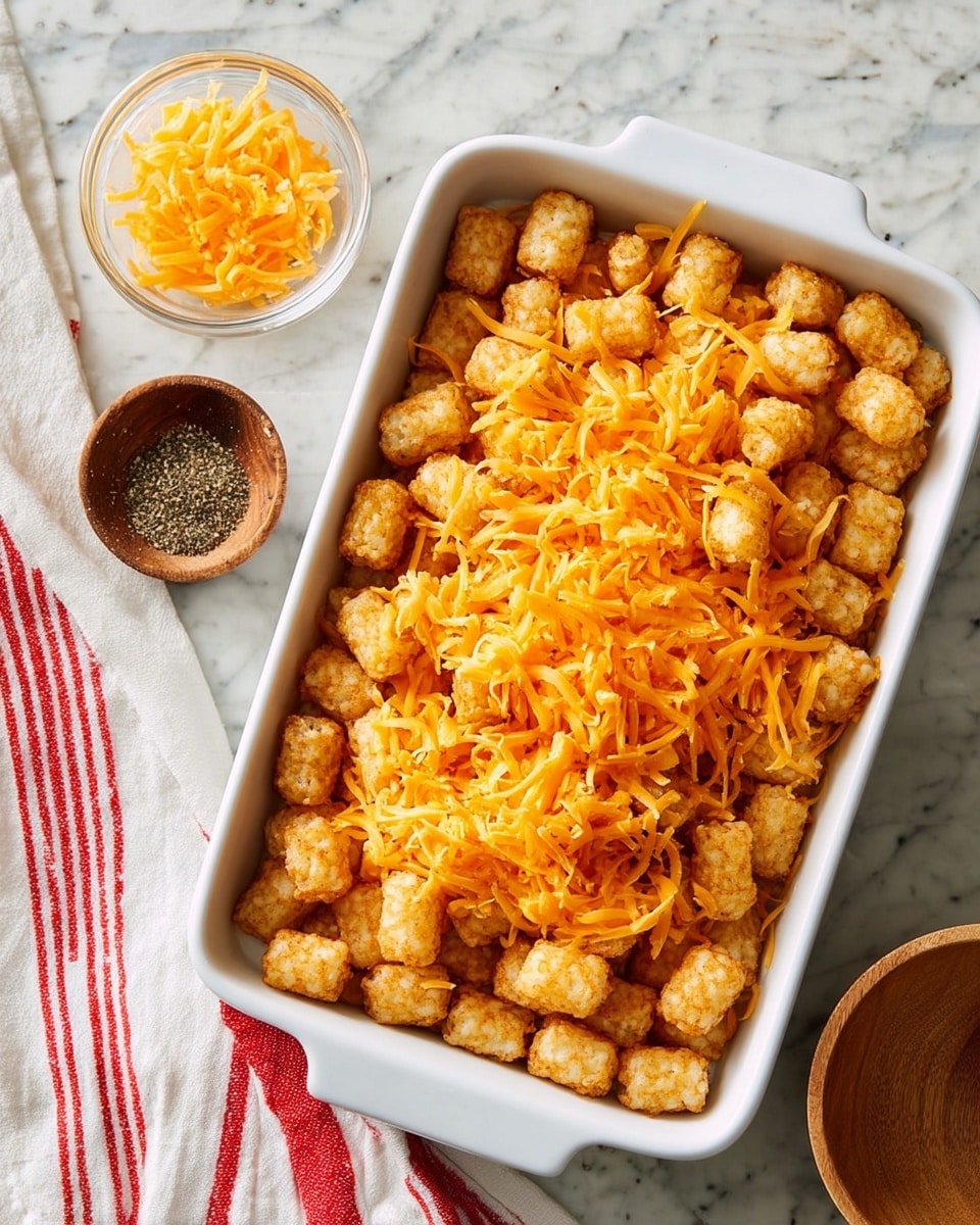 A white rectangular ceramic baking dish filled with a layer of small, golden-brown tater tots topped evenly with shredded orange cheddar cheese, showing a slightly rough texture from the cheese shreds. The dish sits on a white marbled surface with a white cloth featuring red stripes to the left. Nearby, there are three small bowls: one clear glass bowl with a few cheese shreds inside, one rustic small bowl with black pepper, and an empty wooden bowl. photo taken with an iphone --ar 4:5 --v 7