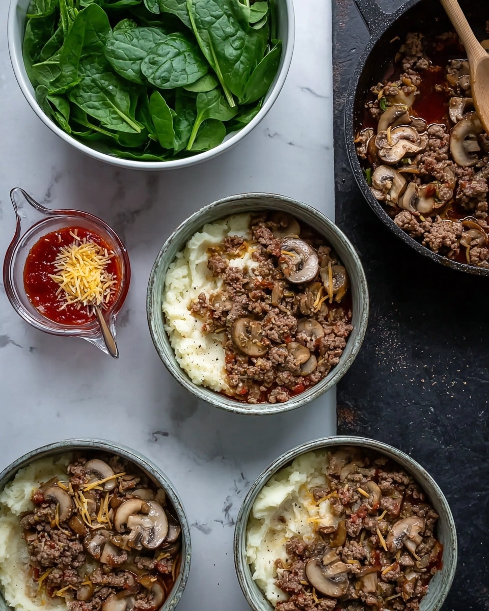 The image shows three round white bowls placed on a white marbled surface, each filled with two layers: the bottom layer is creamy mashed potatoes with a smooth texture and off-white color, and the top layer is cooked ground meat mixed with sliced brown mushrooms, giving a chunky, textured look. To the top left of the frame, there is a white bowl filled with fresh, bright green spinach leaves. A glass measuring cup with a red sauce topped with grated yellow cheese and black pepper sits near the bottom left. In the top right, a black cast-iron pan contains cooked mushrooms and ground meat, alongside a wooden spoon resting inside. Photo taken with an iphone --ar 4:5 --v 7