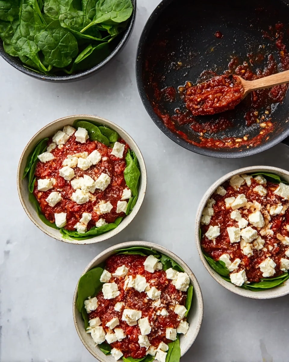 Three white bowls are placed on a white marbled surface. Each bowl has three layers: at the bottom, a layer of fresh green spinach leaves, topped with a thick deep red tomato sauce with a chunky texture, and finished with a generous layer of white cheese chunks scattered unevenly on top. To the top right, there is a black pan with a wooden spoon covered in some brown bits. In the top left corner, a bowl filled with more spinach leaves is visible. Photo taken with an iphone --ar 4:5 --v 7