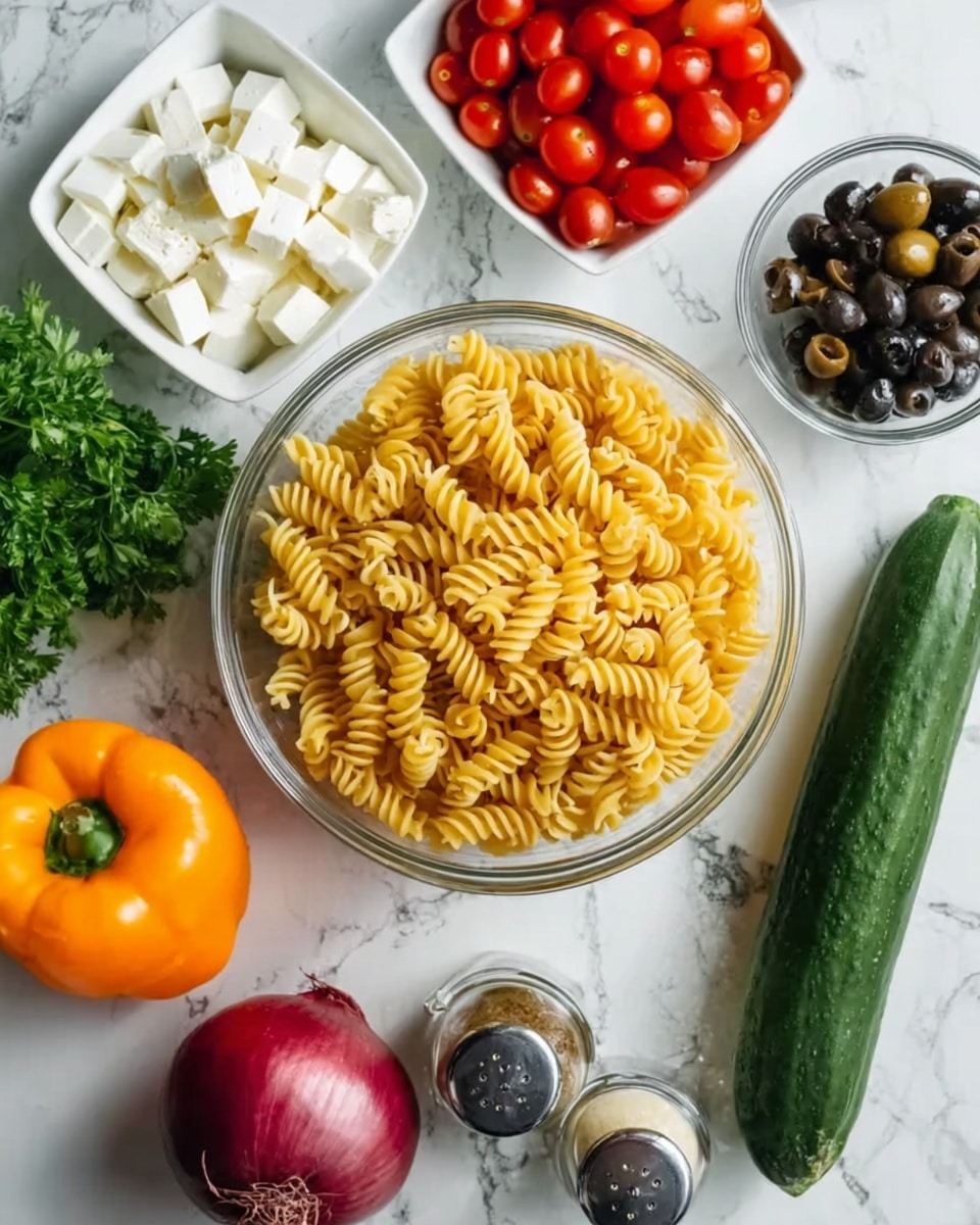 A clear glass bowl holds a large amount of yellow twisted pasta at the center of the image. Around it, a white square bowl filled with small red grape tomatoes sits to the top left, and a white round bowl with small white cheese cubes is below it. To the right of the pasta bowl, a long dark green cucumber rests on the white marbled surface, with a small clear bowl of sliced black olives above it. Near the bottom right, a whole orange bell pepper and a large red onion lie close together, while to the top center, a jar of dressing or sauce stands between two small clear shakers of pepper and salt. Small green parsley sprigs add a touch of freshness near the left edge. Photo taken with an iphone --ar 4:5 --v 7