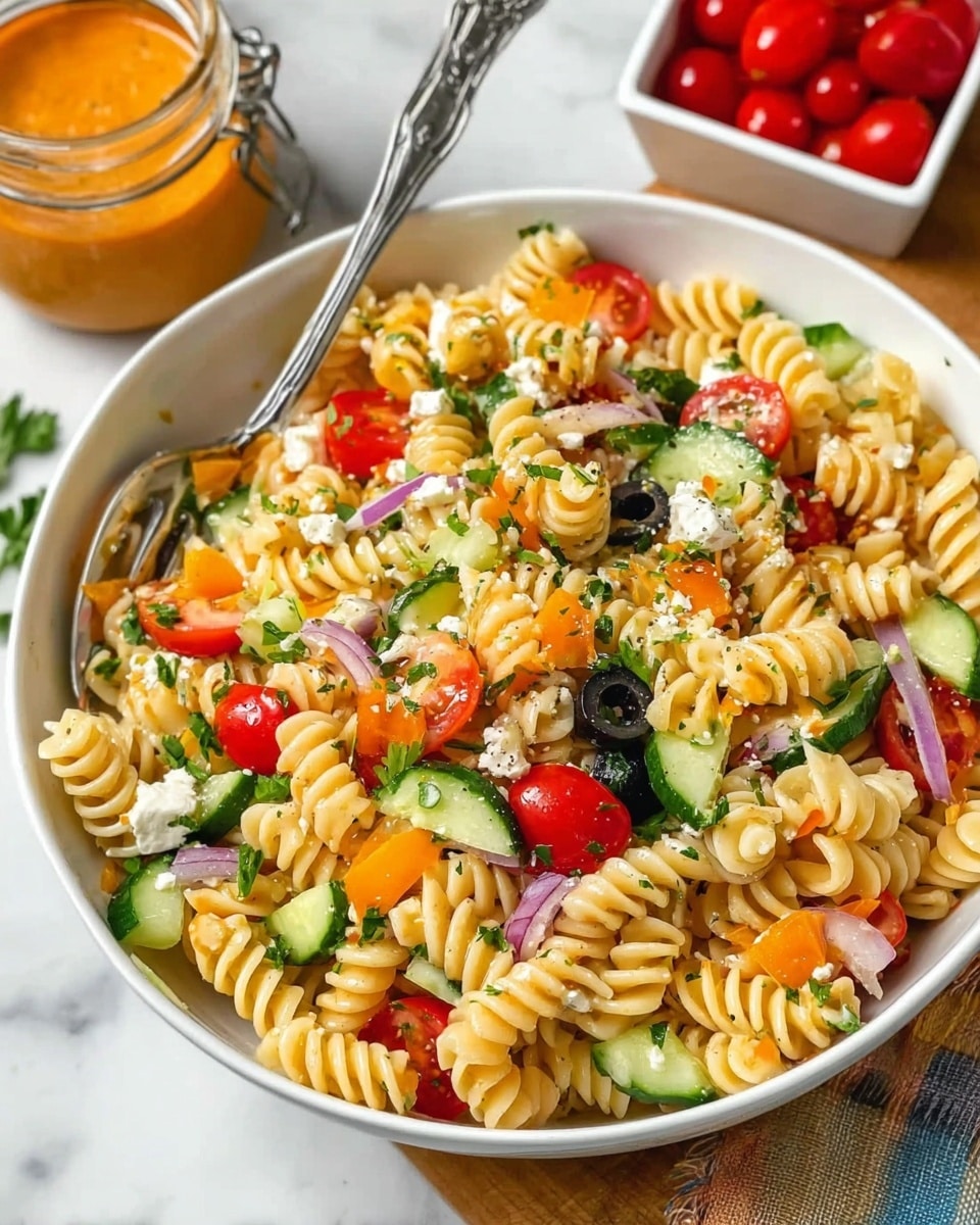 A white bowl filled with rotini pasta salad is shown on a white marbled surface. The salad has spiral pasta pieces mixed with bright red cherry tomato halves, chopped green cucumber slices, small chunks of orange bell peppers, black olive slices, and bits of white feta cheese. Tiny pieces of red onion and fresh green parsley are sprinkled all over. A silver fork is stuck into the salad on the left side of the bowl. In the background, there is a small glass jar with orange dressing and a white square bowl with red cherry tomatoes. Photo taken with an iphone --ar 4:5 --v 7