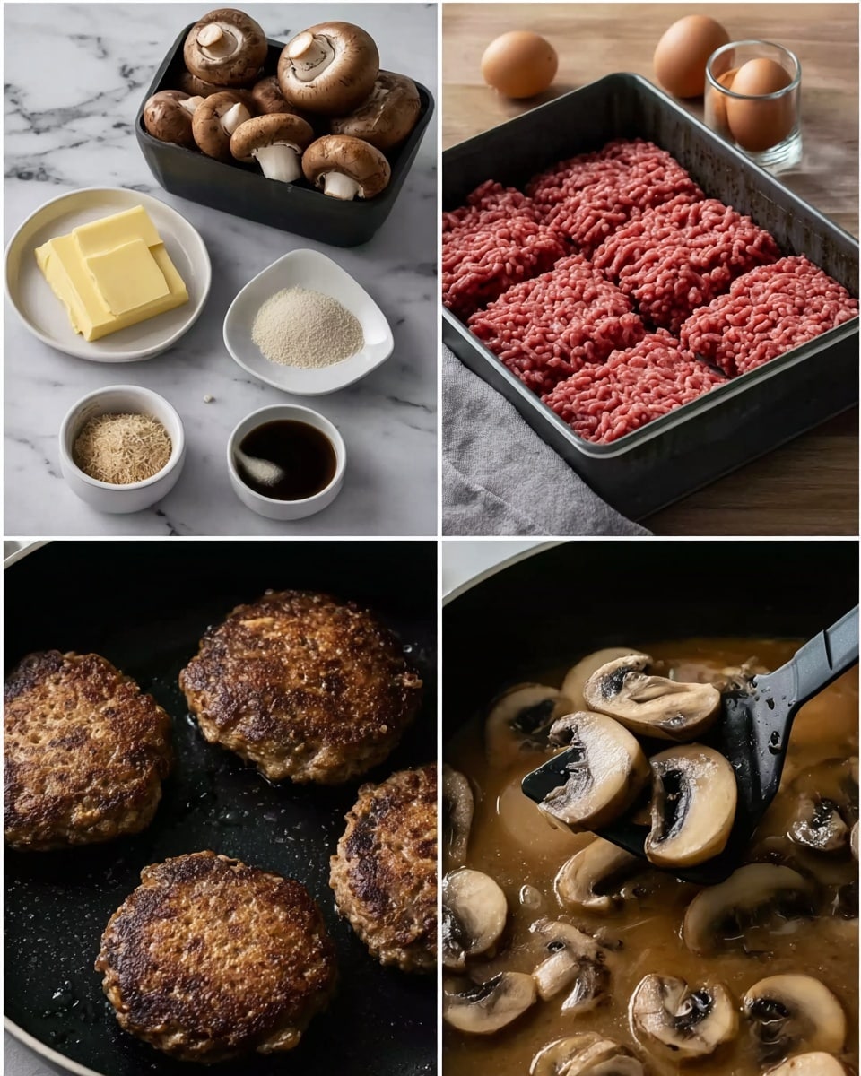 The image is divided into four sections showing the cooking process of a dish. The top left section features fresh brown mushrooms in a black container and small white dishes on a white marbled surface, holding two pats of butter, a small amount of white powder, a small heap of light-colored granules, and a dark sauce in a white dish. The top right section shows a black tray filled with raw ground meat, set on a white marbled surface with an egg and small sauces in the background. The bottom left section displays three cooked browned patties in a black pan, with a woman's hand using a black spatula. The bottom right section shows sliced mushrooms cooking in a thick, brown sauce inside a pan. Photo taken with an iphone --ar 4:5 --v 7