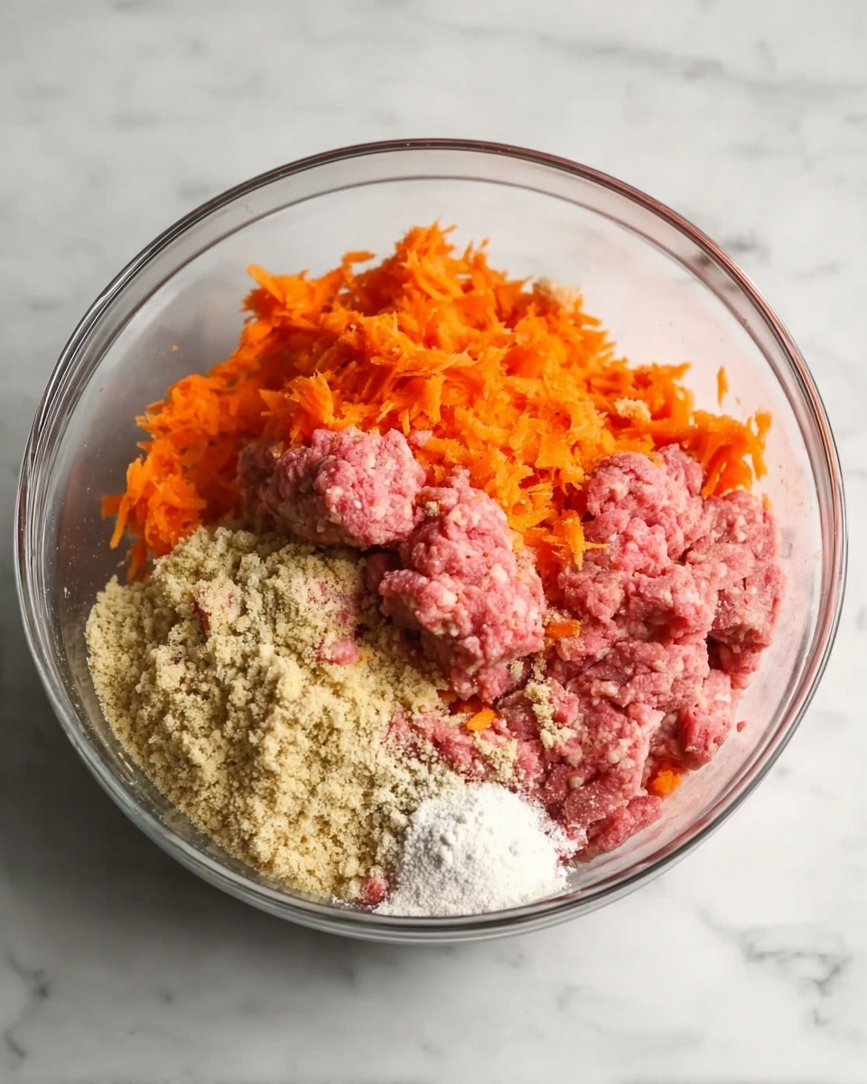 A clear glass bowl on a white marbled surface holds several separate layers of ingredients: finely grated bright orange carrots on the left, light beige breadcrumbs on the right, raw pink ground meat in the center front, and a small mound of white powder sprinkled near the carrots and meat. The textures vary from soft and chunky for the carrots, to granular for the breadcrumbs, and smooth and moist for the ground meat. Photo taken with an iphone --ar 4:5 --v 7