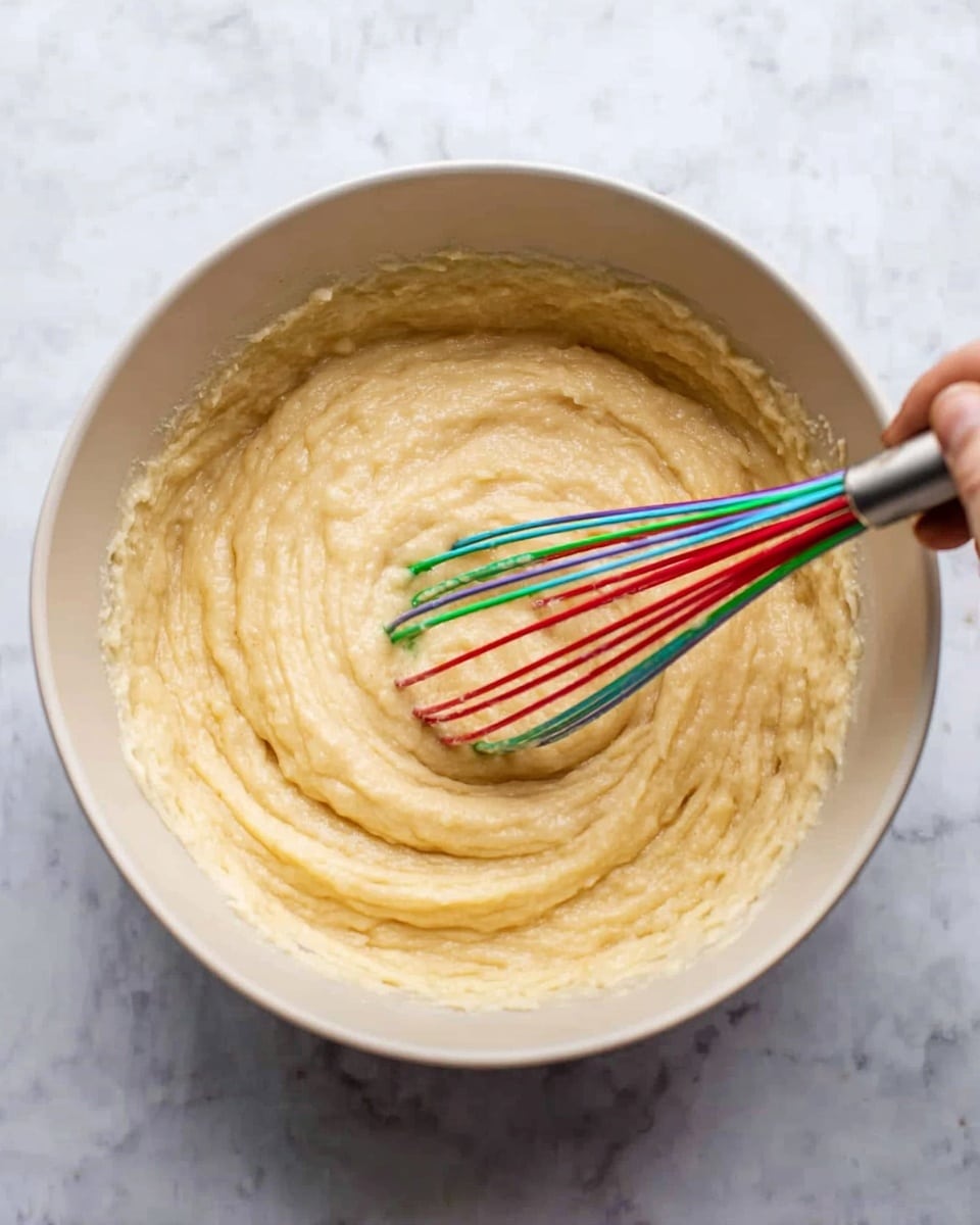 The image shows a white bowl filled with thick, creamy batter that has a smooth and slightly lumpy texture. A colorful whisk with red, green, yellow, blue, and purple wires is stirring the batter in the bowl. The bowl is placed on a white marbled surface, and the batter has a light beige color. The whisk is held by a woman's hand. photo taken with an iphone --ar 4:5 --v 7