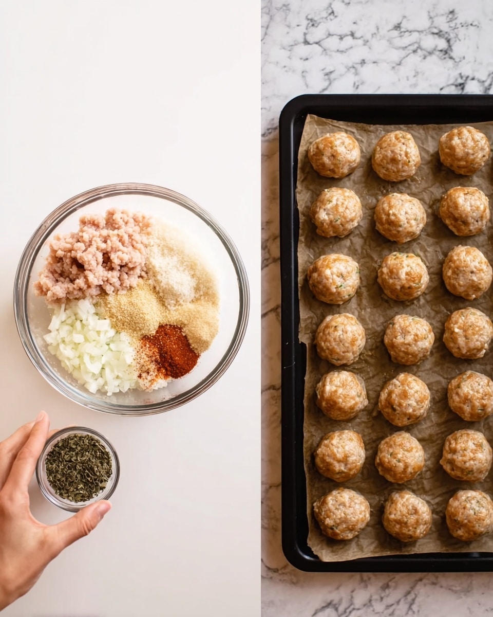 The left side of the image shows a clear glass bowl on a white marbled surface filled with five visible ingredients placed separately: pale pink ground meat in the lower left, finely chopped white onions on the upper right, light brown breadcrumbs on the upper left, bright reddish spice below the breadcrumbs, and a mixture of dark green and black dried herbs in a small clear round container held by a woman's hand above the bowl. The right side shows a black baking tray with parchment paper covered with 28 evenly spaced, round, raw meatballs of light brown color with small white bits mixed throughout, arranged in a grid of 4 rows and 7 columns. The scene is well lit with a simple, clean look photo taken with an iphone --ar 4:5 --v 7