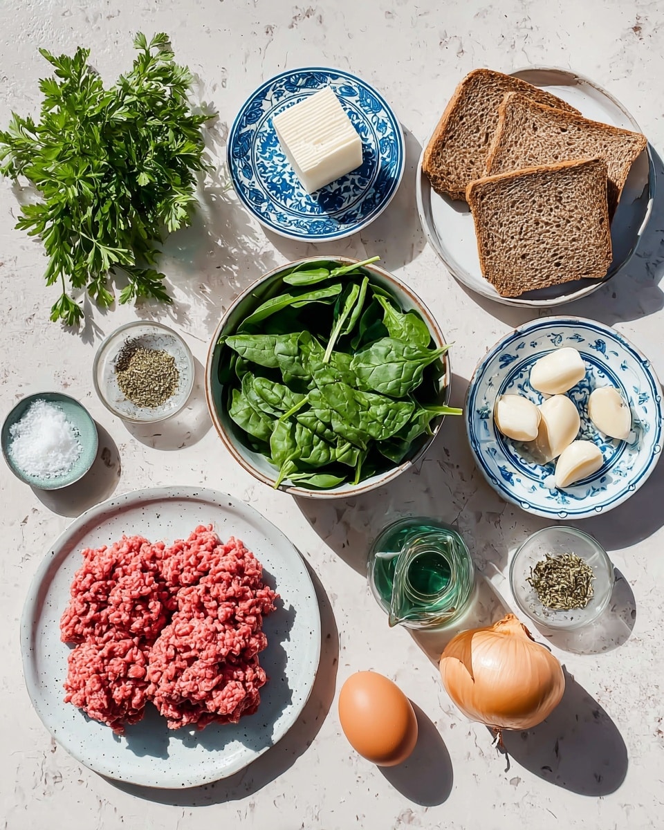 The image shows various ingredients neatly placed on a white marbled texture. There is a small bunch of fresh green parsley at the top left, next to a blue and white patterned small plate with a white block of cheese. Below that, a white bowl is filled with fresh, dark green spinach leaves. To the right of the spinach, a white plate with a blue pattern holds two slices of brown bread. Above the bread, a white plate contains two thick piles of bright red ground meat with visible strands. On the top right, a small white bowl has three peeled garlic cloves, and next to it is a whole light brown onion. Below the onion, a small white bowl holds one brown egg. On the bottom left, there are small bowls with salt, pepper, and herbs, plus a greenish glass bottle with a spout, likely containing oil or vinegar. The whole setup is clean and bright with natural light coming from the top. Photo taken with an iphone --ar 4:5 --v 7