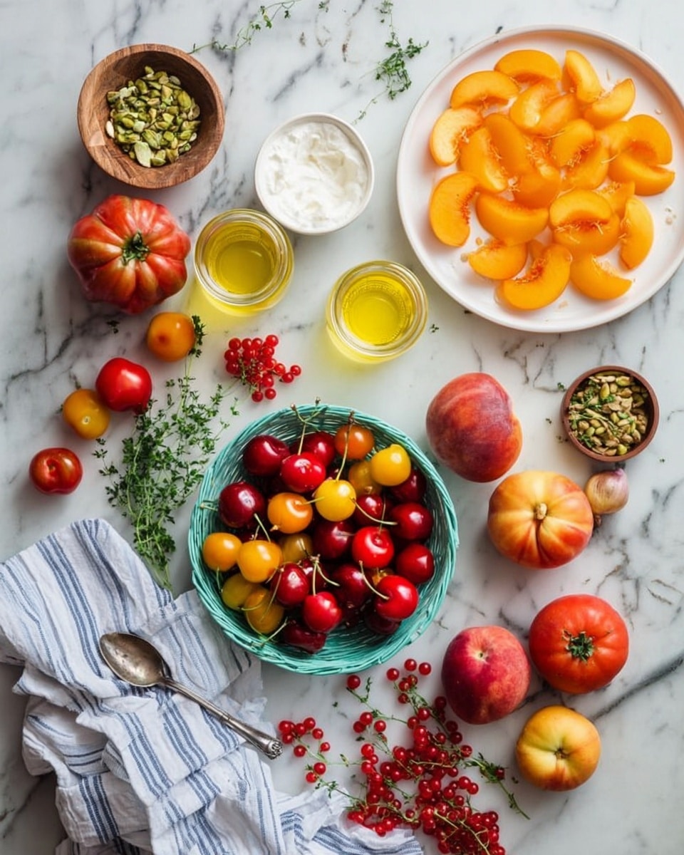 The image shows a flat lay of fresh ingredients on a white marbled surface. There is a small white bowl with orange peach slices arranged in a circular pattern on the right side. Near the bottom is a teal basket filled with red and yellow cherries with stems, next to a blue and white striped cloth. Scattered around are red, yellow, green, and brown tomatoes of different sizes. In the center is a white bowl with a creamy white substance, and two small glass jars with yellow olive oil placed above it. A silver spoon rests near the tomatoes on the left. A small wooden bowl with green chopped nuts is near the lower right corner. There are also some sprigs of fresh green herbs and small bunches of red currants adding color. Photo taken with an iphone --ar 4:5 --v 7