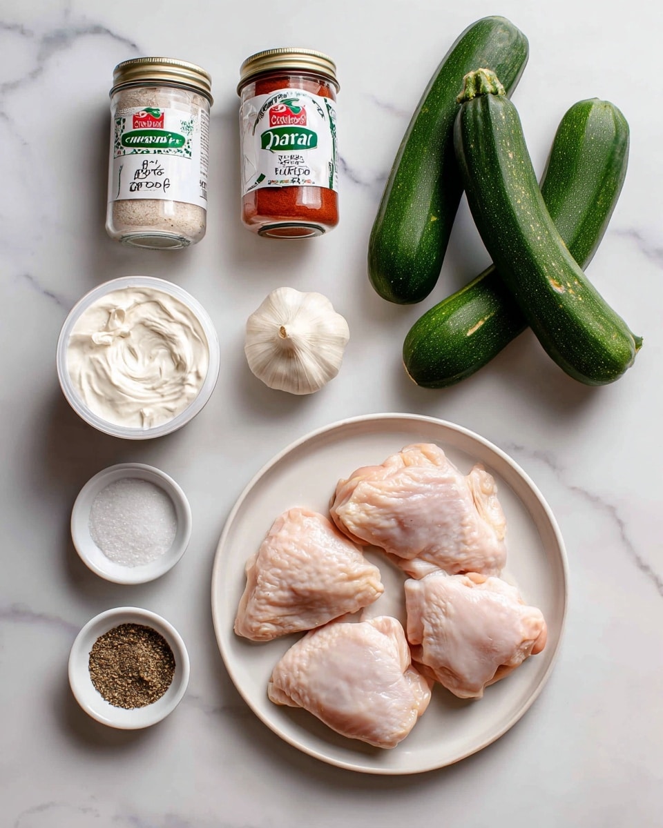 A top-down view shows raw chicken pieces placed on a round white plate near the bottom left. To the right of the plate, there is a round container of sour cream with a red and white label. Above the chicken, two glass jars with white lids hold garlic powder and paprika, arranged side by side. Two fresh zucchini are positioned vertically near the top right, while two garlic cloves sit diagonally to the upper right of the jars. Small wooden bowls contain salt and pepper, placed at the top left. All items are arranged neatly on a white marbled surface. Photo taken with an iphone --ar 4:5 --v 7