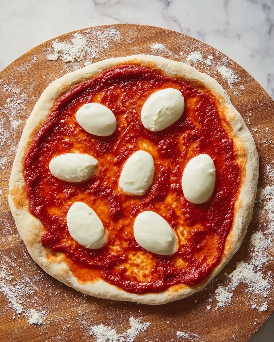 A round pizza with one white dough layer forming the crust and base, topped with a smooth, bright red tomato sauce spread evenly close to the edges but leaving the crust visible. On top, seven oval slices of white cheese are placed spaced out, showing a soft and slightly shiny texture. The pizza sits on a wooden board with some scattered white flour, all on a white marbled surface. photo taken with an iphone --ar 4:5 --v 7