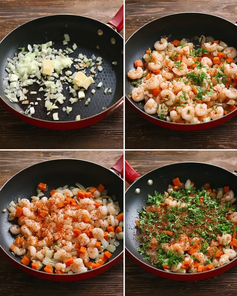A black non-stick pan with a red outer edge sits on a brown wooden surface. In the first section, there are small white and orange pieces, likely onion and carrot, with a few white chunks of butter melting in the center. In the second section, the pan is filled with small, light pink shrimp mixed with the vegetables. The third section shows the same shrimp and vegetables topped with fresh chopped green herbs and sprinkled with a reddish-brown spice. In the last section, the shrimp, vegetables, herbs, and spices are all mixed together, showing a colorful blend of pink shrimp, orange carrots, white onions, green herbs, and brown spices. photo taken with an iphone --ar 4:5 --v 7