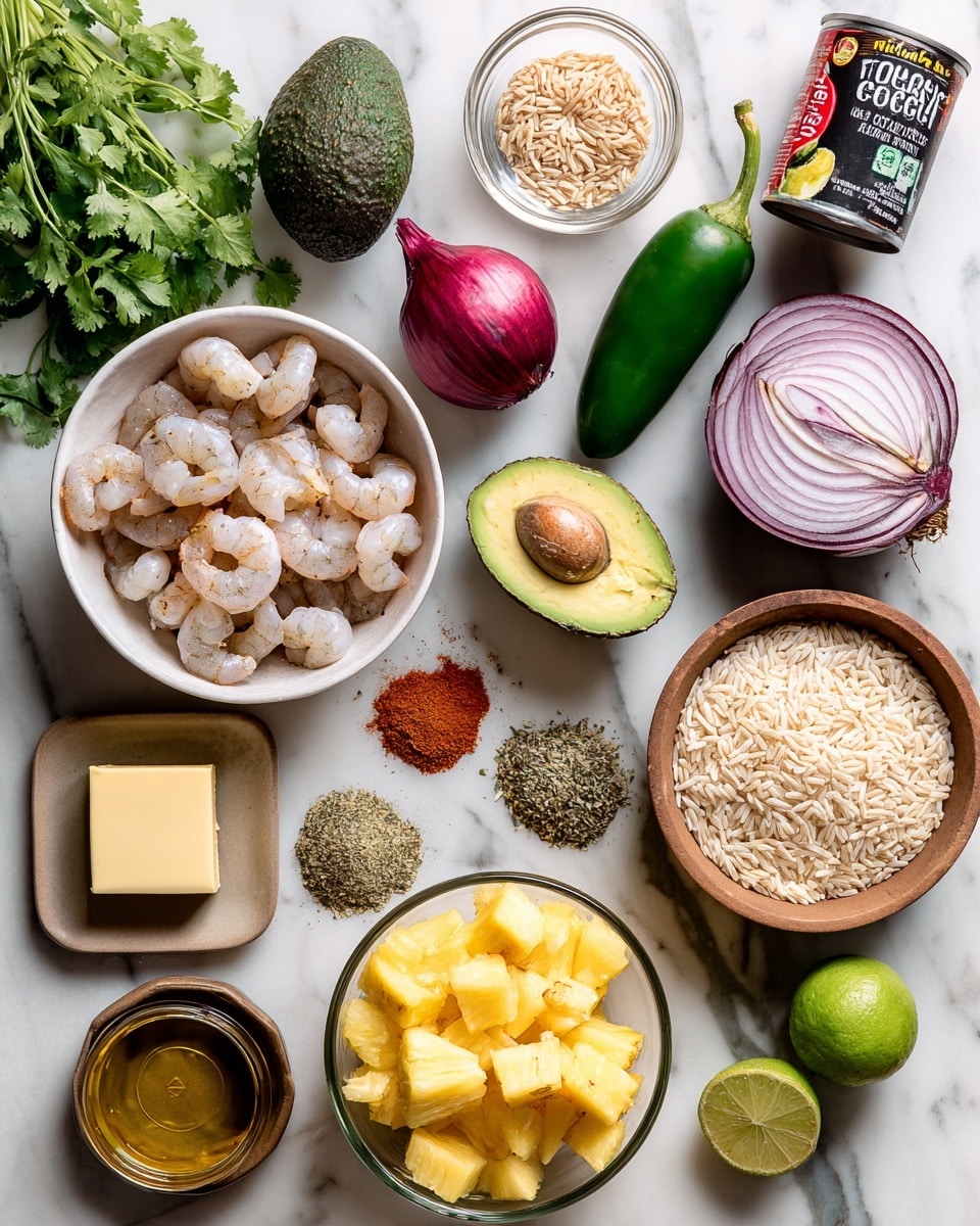 A white bowl filled with pale pink wild caught shrimp sits on a white marbled surface surrounded by fresh ingredients. Nearby, a bunch of green cilantro with leafy texture lies next to a half red onion showing its purple and white layers. Two dark green avocados rest side by side near a bright green jalapeño and a green lime. A small brown plate holds a square piece of light yellow butter, and another small brown dish contains light brown sugar. A clear glass bowl filled with light brown rice grains is positioned next to a brown bowl full of bright yellow pineapple chunks. A red and black can of coconut milk with a white label is also present. Near the top, small piles of spices in earthy colors including smoked paprika in red, dried thyme in greenish brown, garlic powder in pale yellow, oregano in dark green, black pepper, onion powder, and kosher salt in white are arranged, accompanied by a small bowl of golden olive oil. The scene is bright and well-lit, photo taken with an iphone --ar 4:5 --v 7